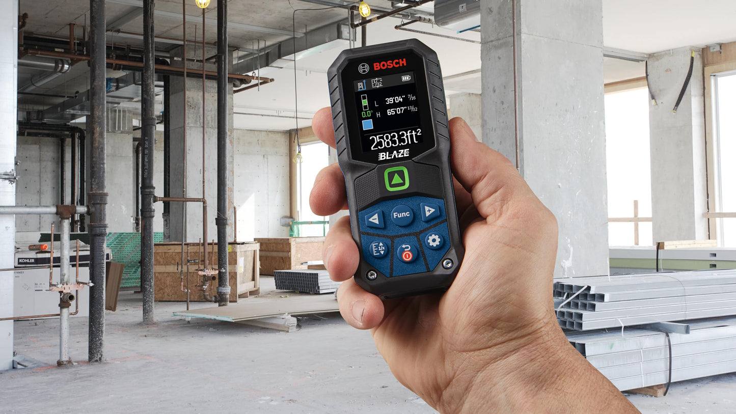 BOSCH GLM165-27CGL 165 Ft Blaze Green-Beam Laser Distance Measure with 3.7V Lithium-Ion 1.0 Ah Battery, Includes 1.0 Ah 3.7V Lithium-Ion Battery, Belt Clip, & Pouch