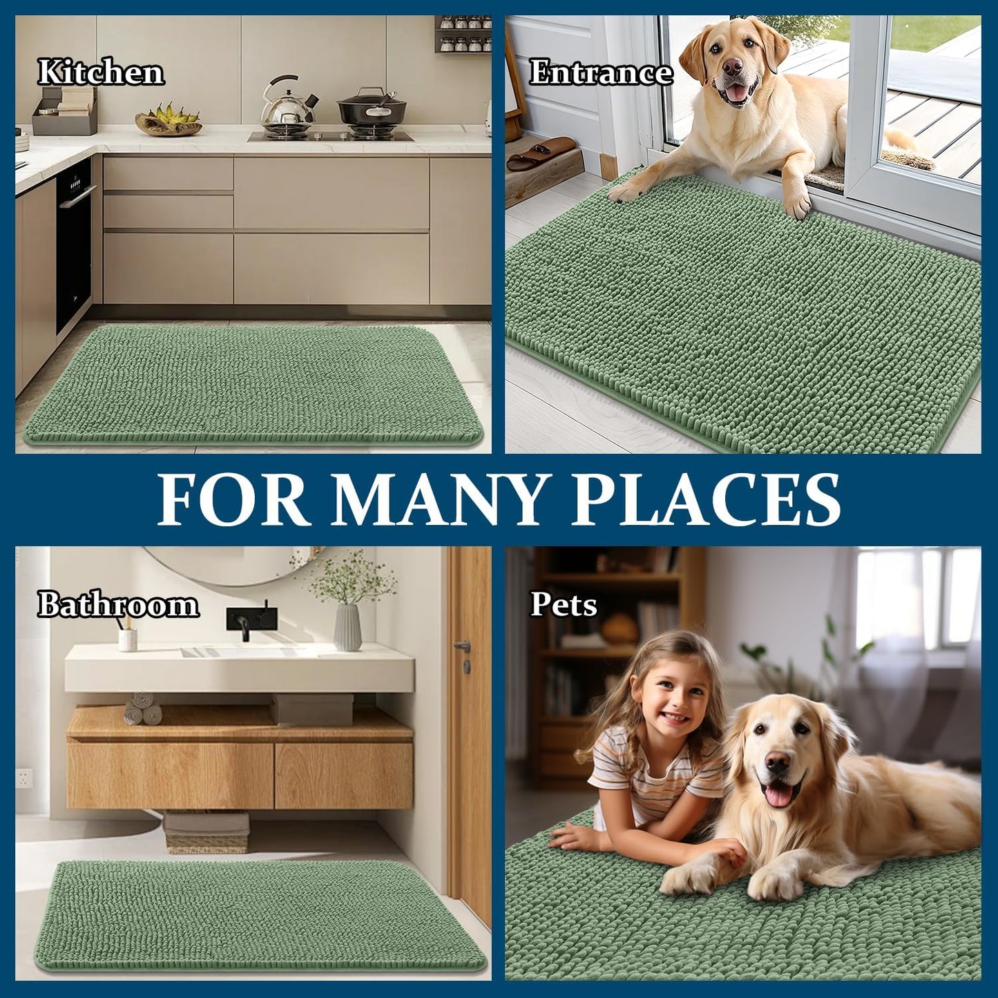 OLANLY Dog Door Mat - Absorbent Non-Slip Mud Mat for Indoor Use | 47x24, Quick Dry Chenille, Olive Green