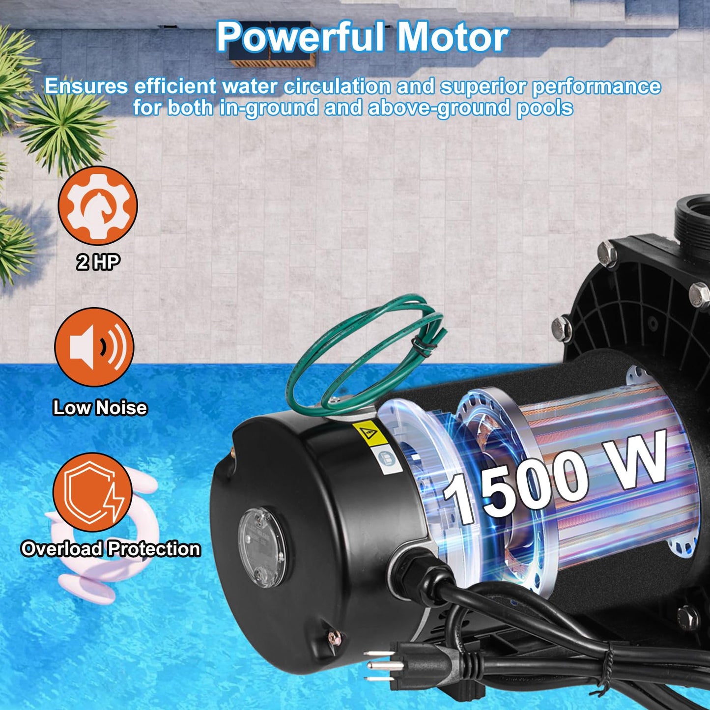 Hxgexin 2 HP Pool Pump 110 V/220 V Swimming Pool Pump 6840 GPH In/Above Ground Pool Pumps 1500 W Powerful Self Primming Pump for Residential/Commercial Pool, Spas and Hot Tubs, Landscape Fountain