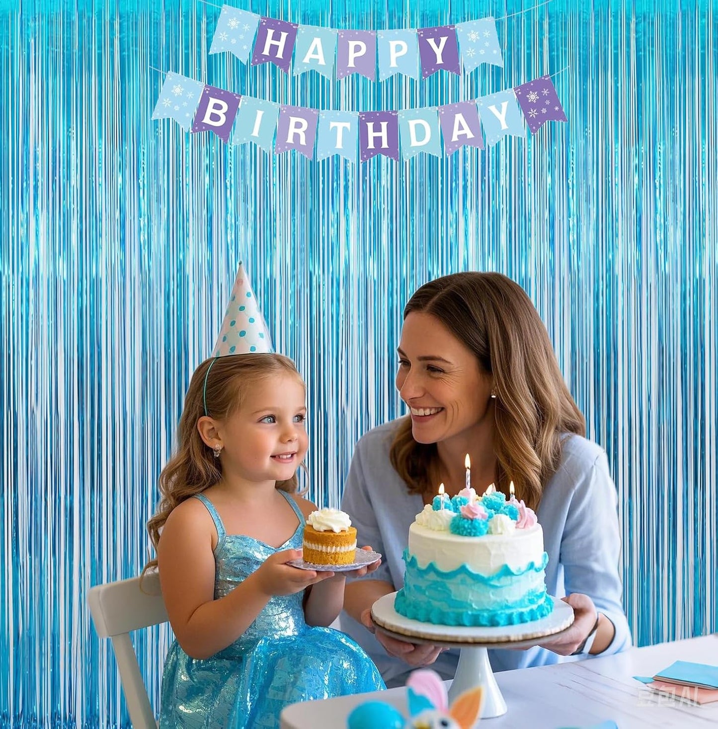Skiennix Teal Blue Tinsel Foil Fringe Curtains - 3PC Birthday Party Backdrop & Ocean Theme Decor