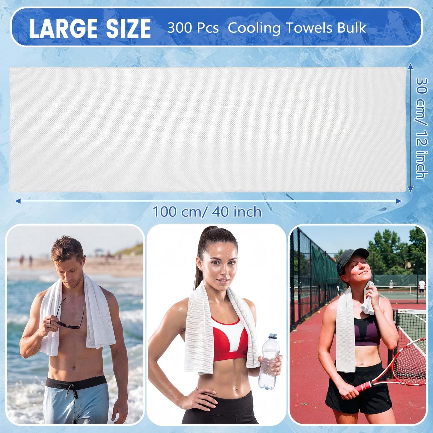 Hosuly 300 Pack Cooling Towels Bulk 40 x 12 Inch Large Chilly Breathable Sweat Sports Cold Towels Sublimation Microfiber Ice Neck Rag for Hot Weather Workout Gym Team Gift (White)