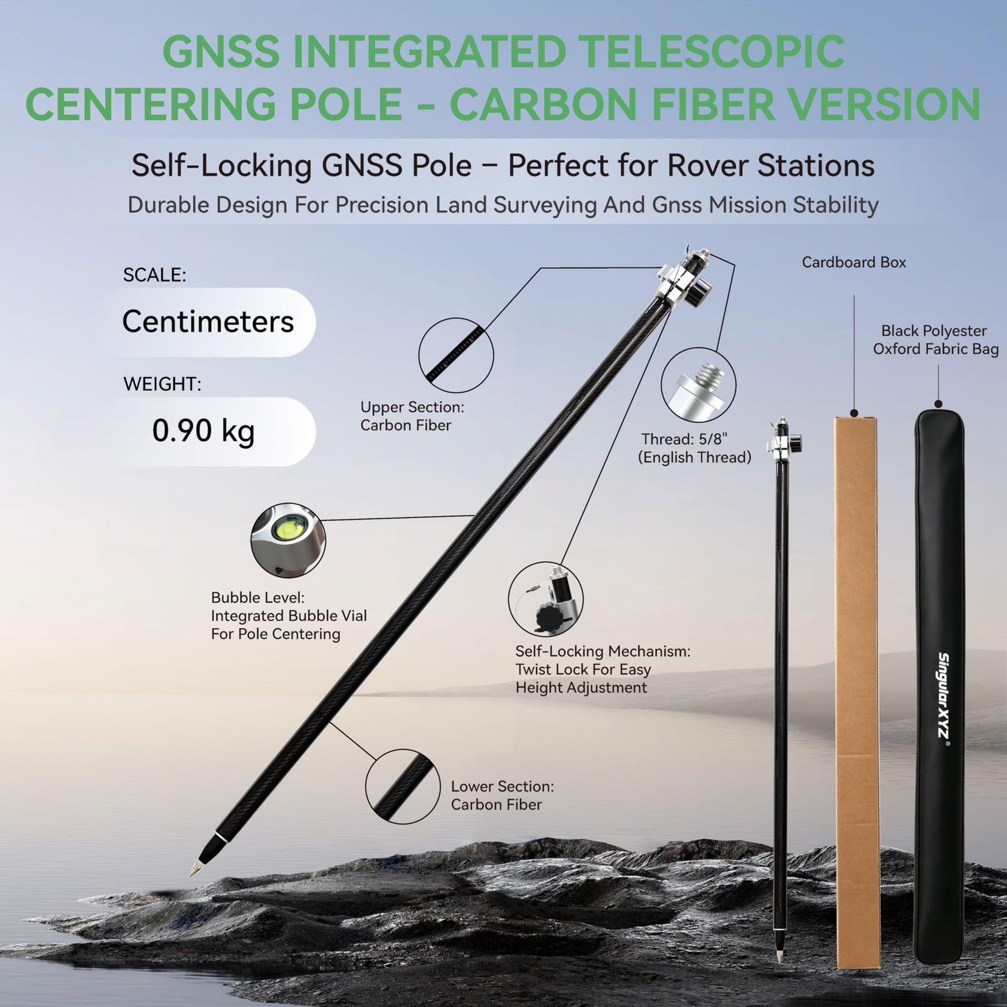 2.2M / 7.22ft Self-Locking Carbon Fiber GPS Survey Pole, Telescopic 125–220 cm GNSS Rover Rod Compatible with Trimble, 5/8″ Thread, Lightweight Oxford Cloth Carry Bag for Land Surveying & RTK GNSS