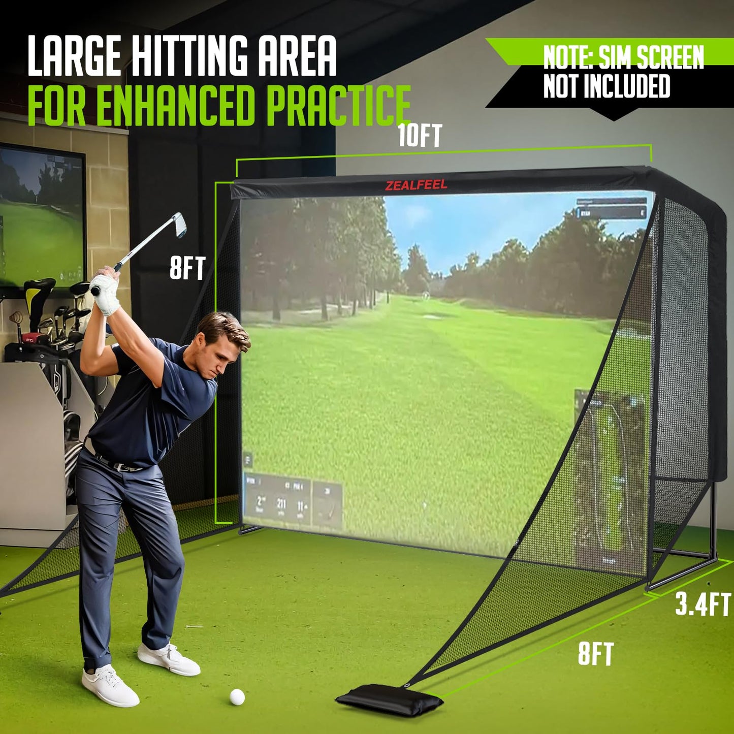Zealfeel Golf Net, 10x7ft Golf Simulator Enclosure Net with Side Barriers, Low-Noise Silk Target, Carry Bag, 2 Sand Bags, 4 Stakes, Hiting Net for Backyard Driving Chipping Indoor Outdoor Use