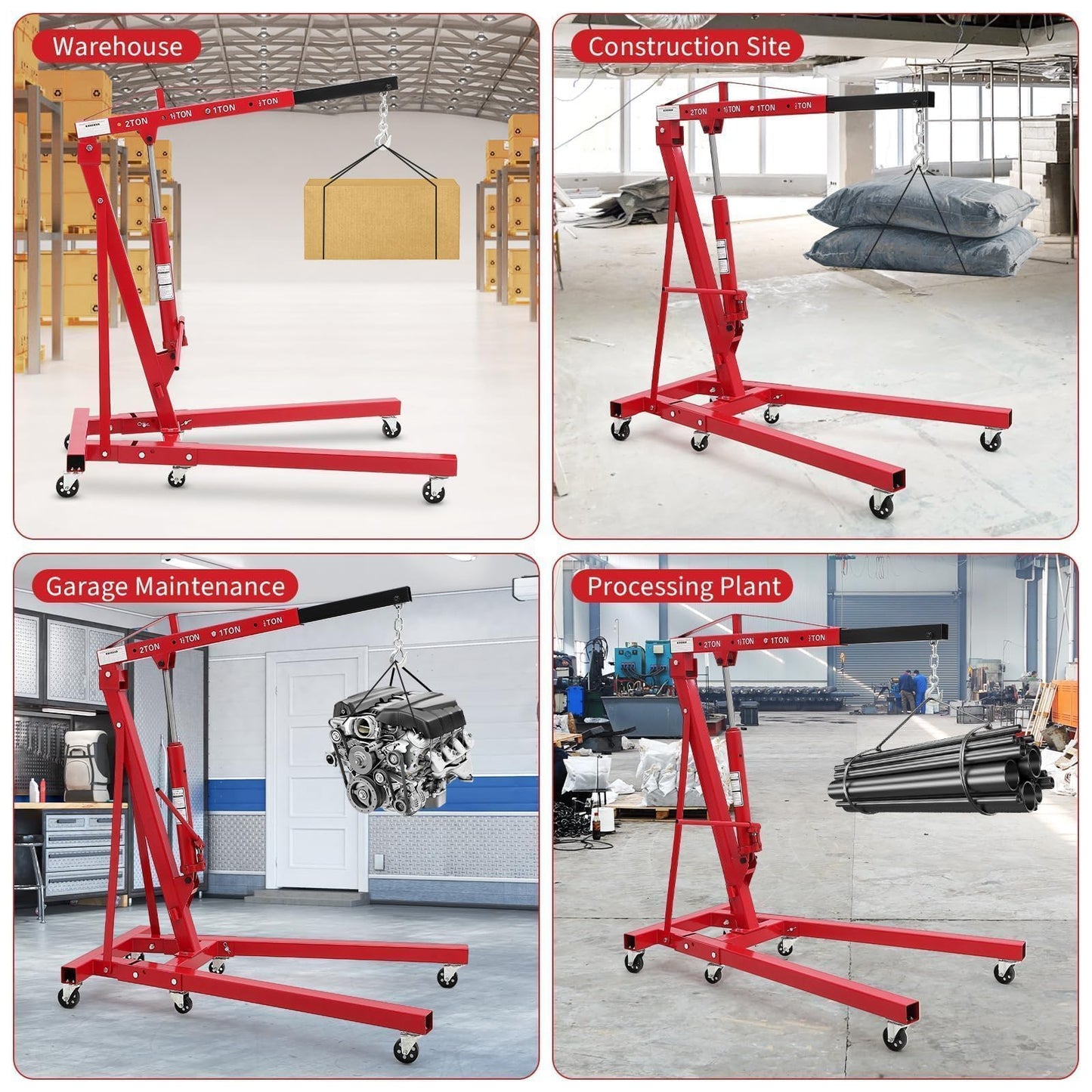 ActiveTrail 2 Ton Folding Hydraulic Engine Hoist, Load Leveler, 4400 LBS Capacity, Heavy Duty Cherry Picker, 6 Swivel Wheels, Hydraulic Pump Adjustable Boom (0.5t-2t) for Garage Workshop Warehouse