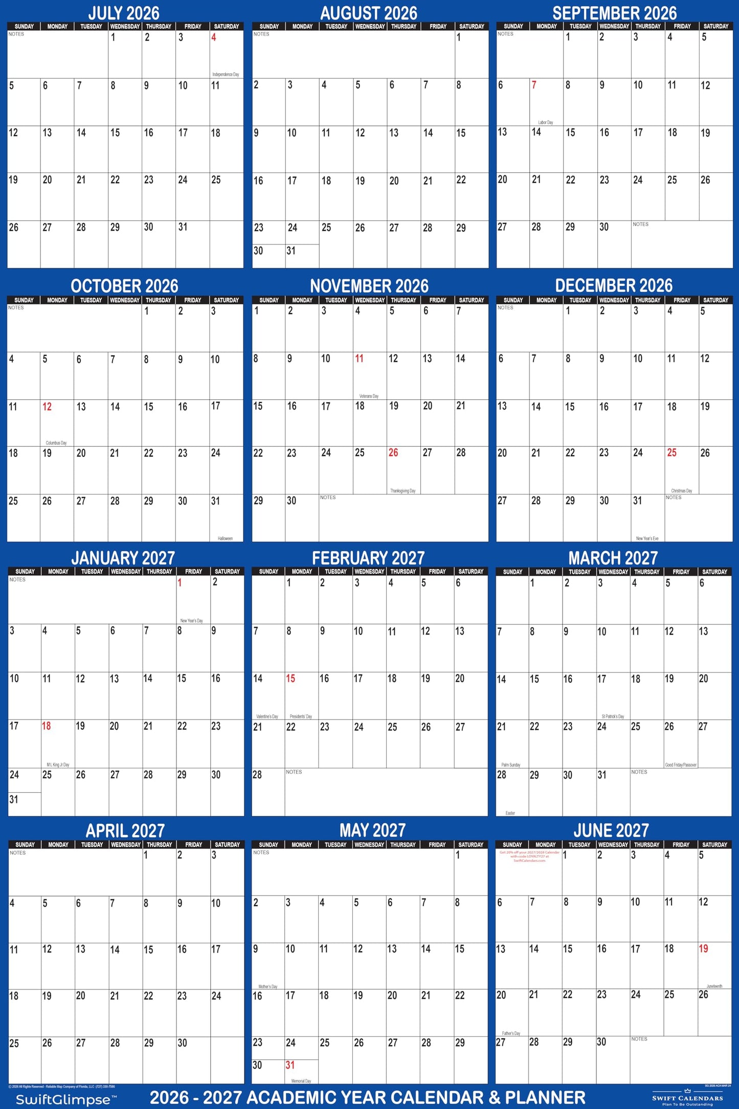 18x24 SwiftGlimpse 2026-2027 Academic Wall Calendar Dry Erase Erasable, Large, Wet & Dry Erase Laminated, Reversible, Yearly Planner JULY 2026 to JUNE 2027 ONLY