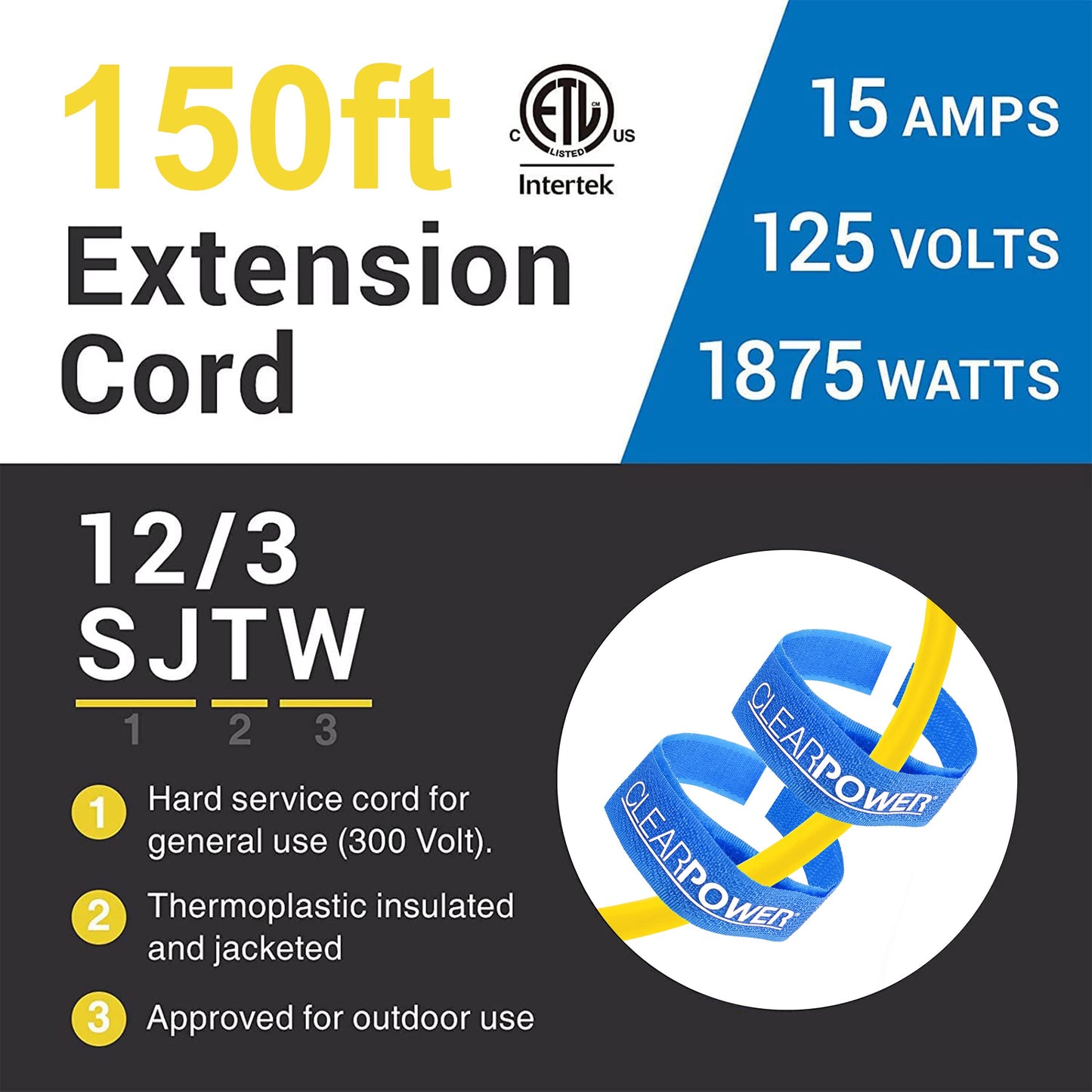 Clear Power 150ft 12/3 SJTW 15amps Yellow Outdoor Extension Cord w/Power Indicator Light & 2ft 12/3 STW Yellow Outdoor 3-Outlet Adapter w/Power Indicator Light DCOC-1223-DC