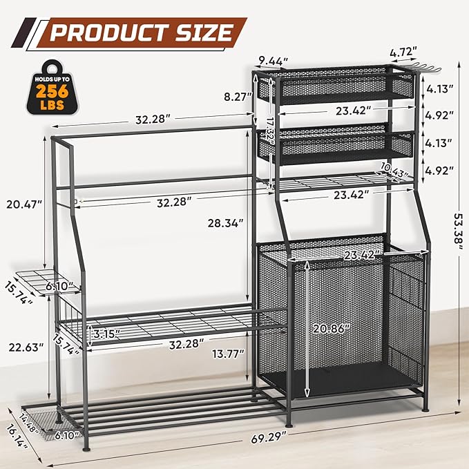 Garage Sports Equipment Organizer,3 Golf Bags Storage Stand,Heavy-Duty Ball Storage Rack with Basket and Hooks,Space-Saving Design for Toy Sports Gear Storage Indoor/Outdoor Use