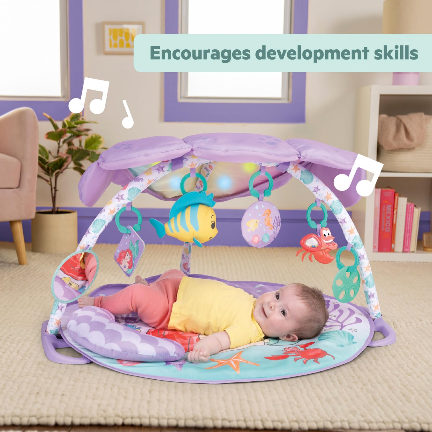 Bright Starts Disney Baby The Little Mermaid Twinkle Trove Light-Up Musical Baby Activity Gym with Tummy Time Pillow, Newborn+