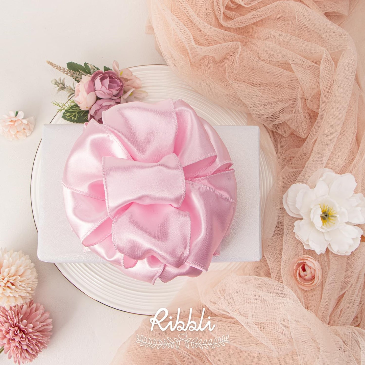 Ribbli Light Pink Satin Wired Ribbon - 2.5 Inch for Gift Wrapping & Holiday Decor | 20 Yards Continuous Roll