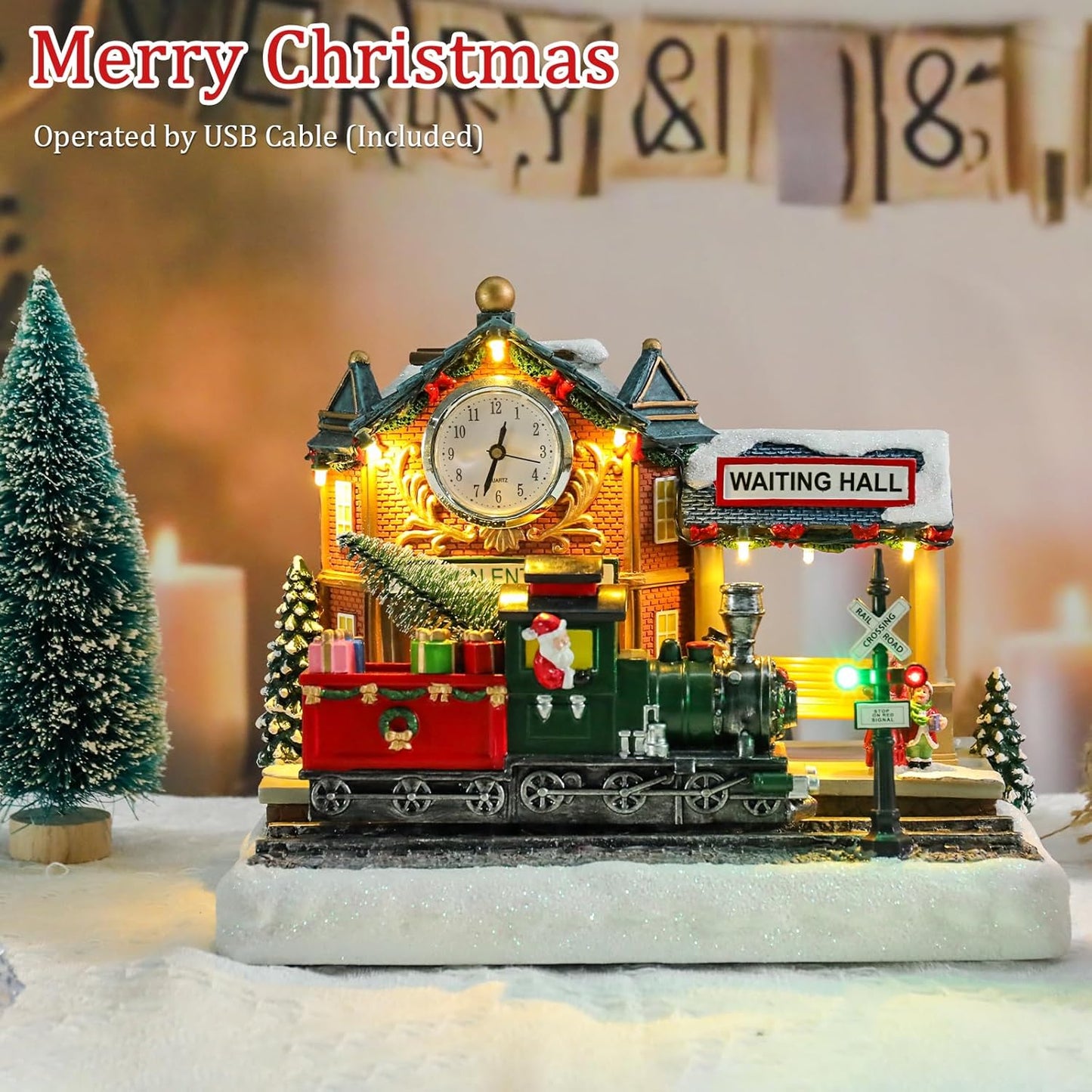 VCUTEKA Animated Christmas Village Train Station - Lighted Musical Santa Display for Holiday Décor