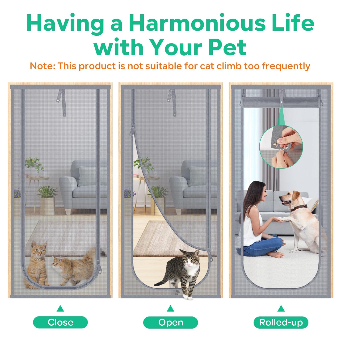 Reinforced Cat Screen Door, Fits Door Size 36''x 80'' Heavy Duty Pets Proof Screen Door with Bilateral Zipper, Prevent Dogs Cats Running Out from Home, Bedroom,Living Room, Kitchen Patio Door Grey