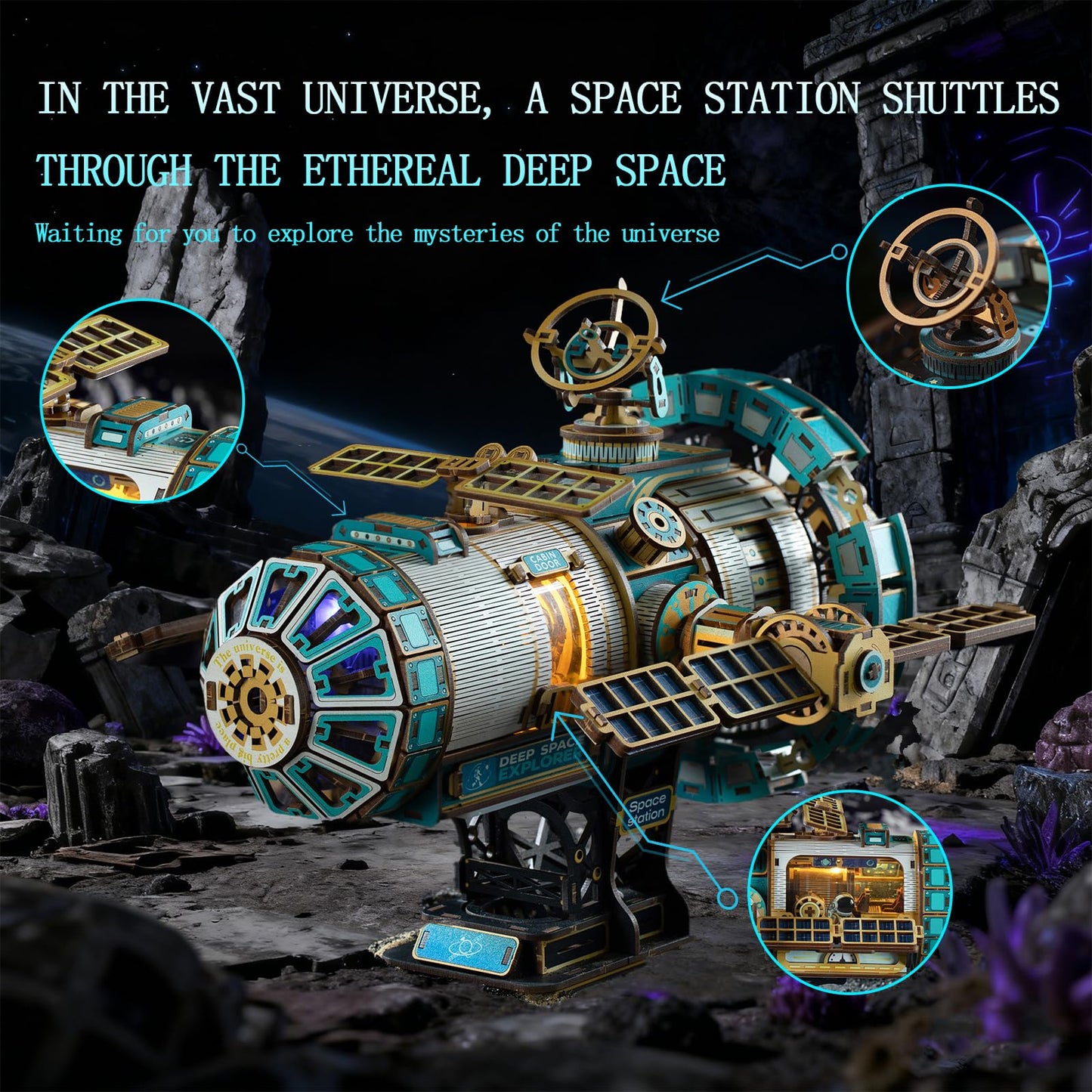 3D Wooden Puzzles for Adults - Space Station Mechanical Model Kit with Lights & Music, 511PCS Adult Wooden Puzzles, DIY Building Toy for Teen & Adults, Miniature House Kit for Birthday
