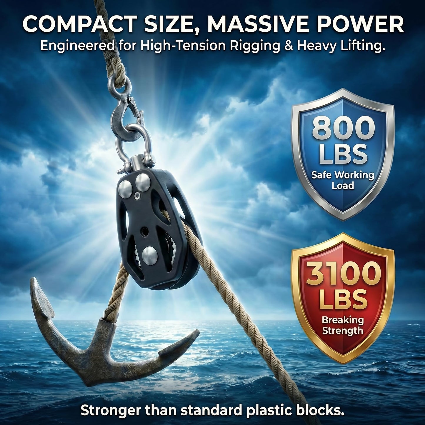 RiaYer 50mm Heavy-Duty Single Swivel Sailing Block with Ball Bearings, T316 Stainless Steel & PA66 Nylon Marine Pulley, 3100 lbs Breaking Load, High-Load Rigging Hardware (1-Pack)
