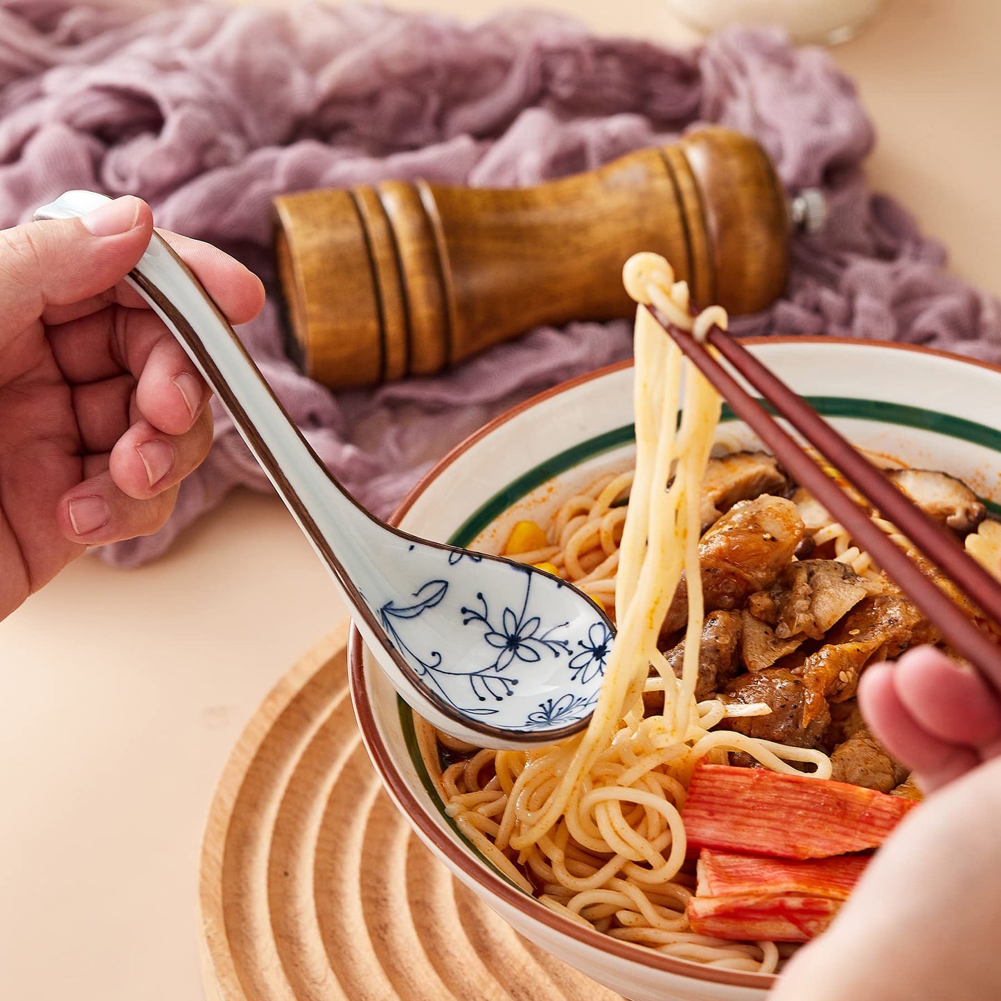 Ceramic Asian Soup Spoons, Easy to Hold, Long Handle Perfect Depth Spoon Set for Japanese Ramen Noodles, Chinese Dumpling, Pho, Miso, Wonton, Dishwasher Safe -Set of 8 - Blue
