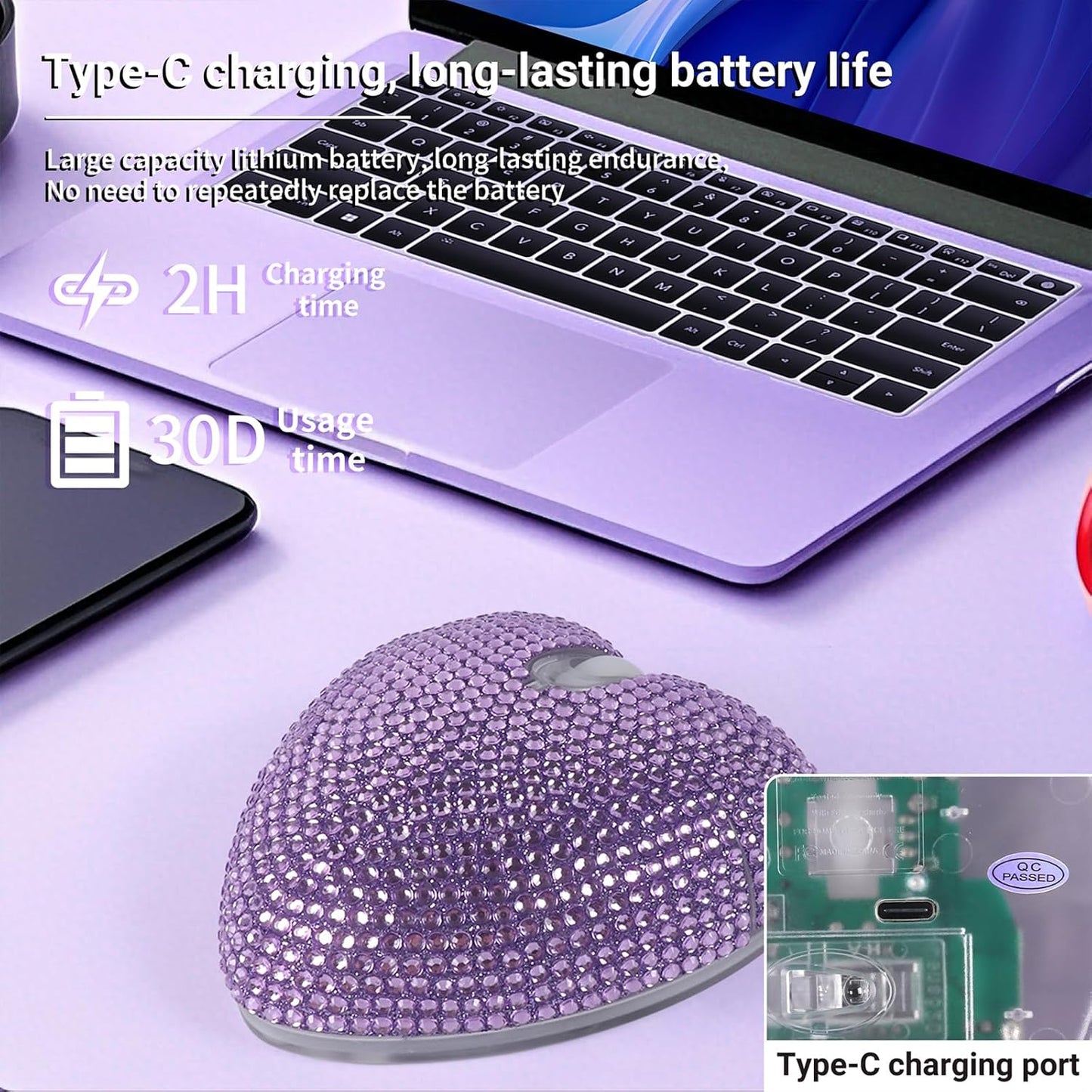 elec Space 10m Wireless Bluetooth Mouse, Silent and Stylish Heart-Shaped Mouse for Laptop, PC - Range (Purple)