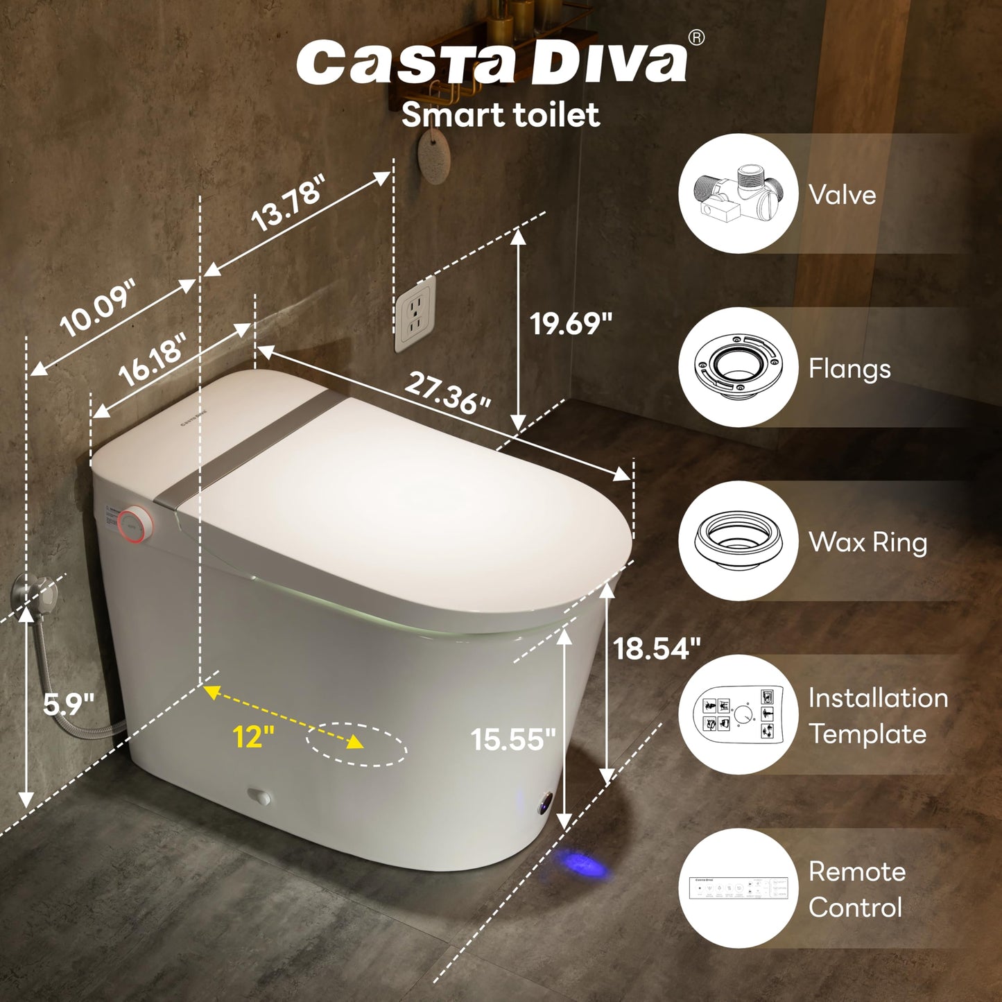 CASTA DIVA Smart Toilet with Bidet Built In, Heated Toilet Seat with Auto Open/Close Lid, Foam Shield,ADA Comfort Bidet Toilet,Foot Sensor, Elongated One Piece Toilet for Bathrooms(K050Max)