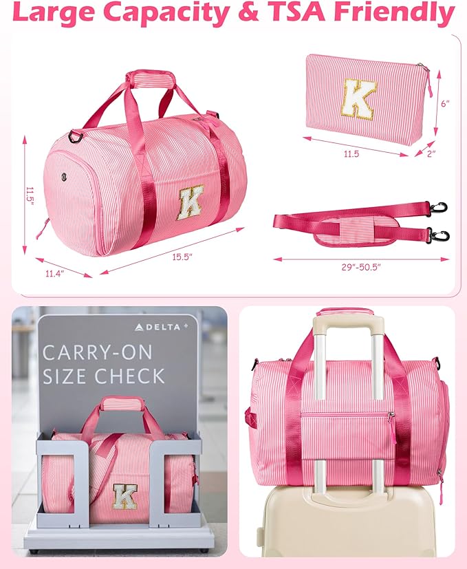 Girly Trendy Stuff, Girl Gym Bag, Kids Initial Overnight Duffel Bags with Shoe Compartment, Personalized Travel Bag with Makeup Pouch, Gift for 5 6 7 8 9 10 11 12 Year Old Girls (Letter V)