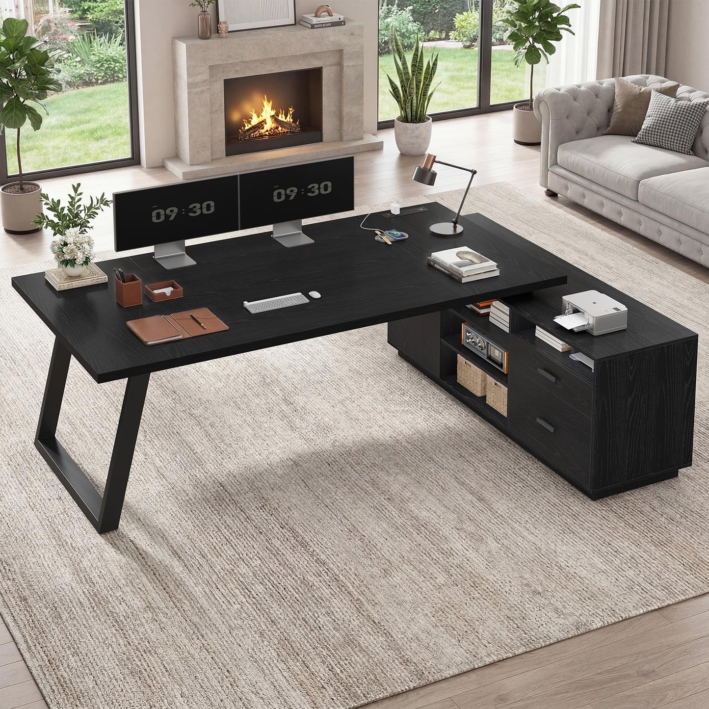 70.3 in L Shaped Executive Desk with Power Outlets, Large Home Office Desk with Storage Drawers & File Cabinet, Modern Computer Desk with Shelves, Black Business Furniture, Square Metal Legs, Black