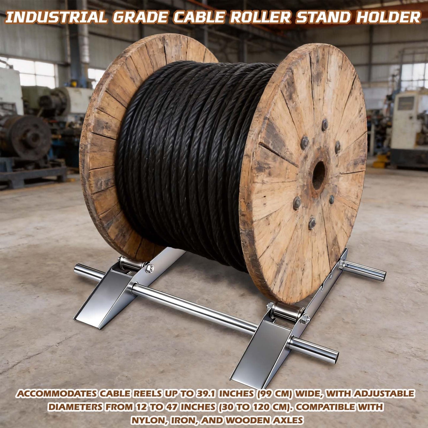 Hot-dip Galvanized Cable Drum Roller, Heavy Duty Reel Dispenser, Industrial Grade Cable Roller Stand Holder, Double Rail Drum Unwinder for Reels up to 39" Width, 2-Ton Capacity Steel Wire Dispenser