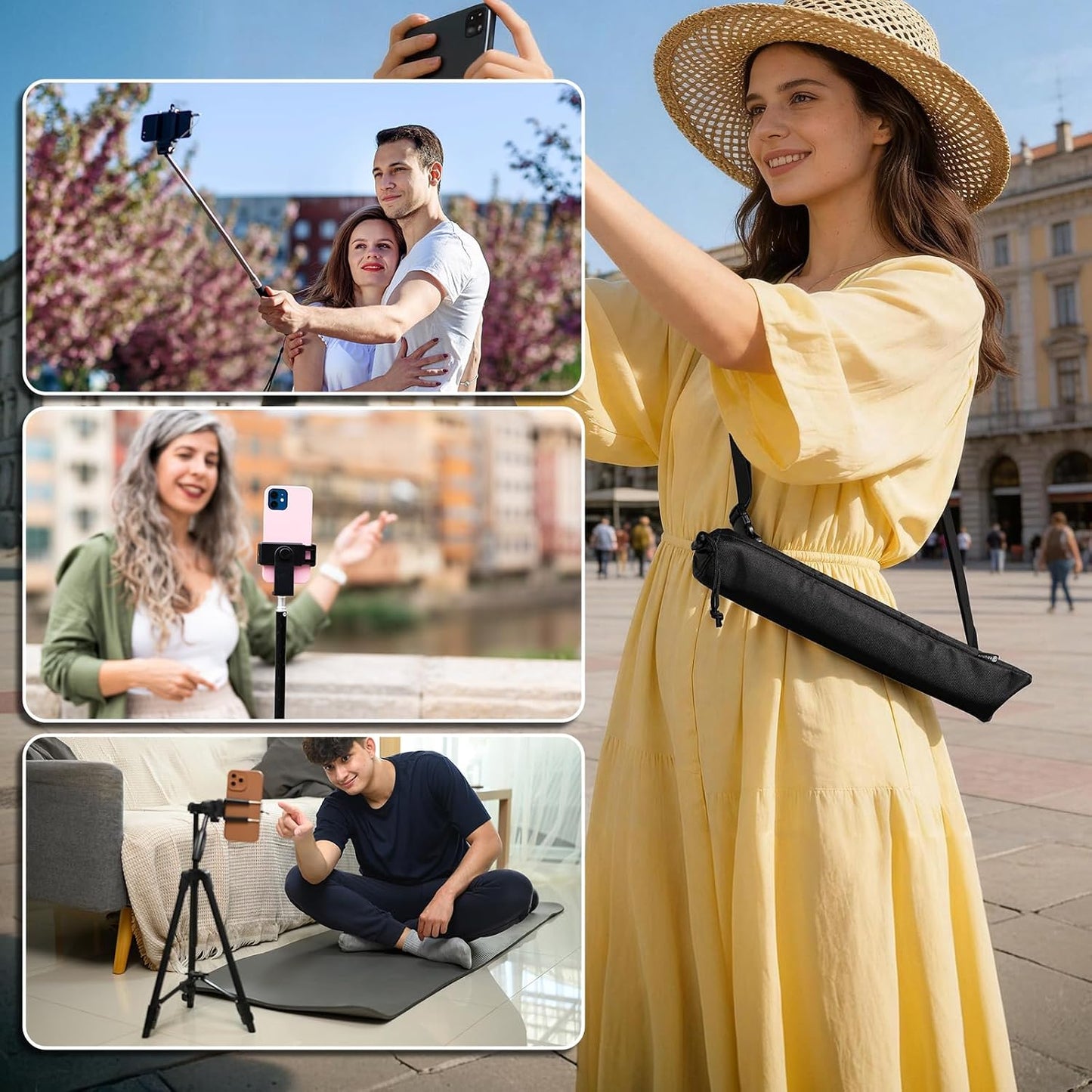 14.5" Travel Carrying Case for Selfie Stick All in One Extendable Cell Phone Tripod Stand with Remote, Nylon Monopod