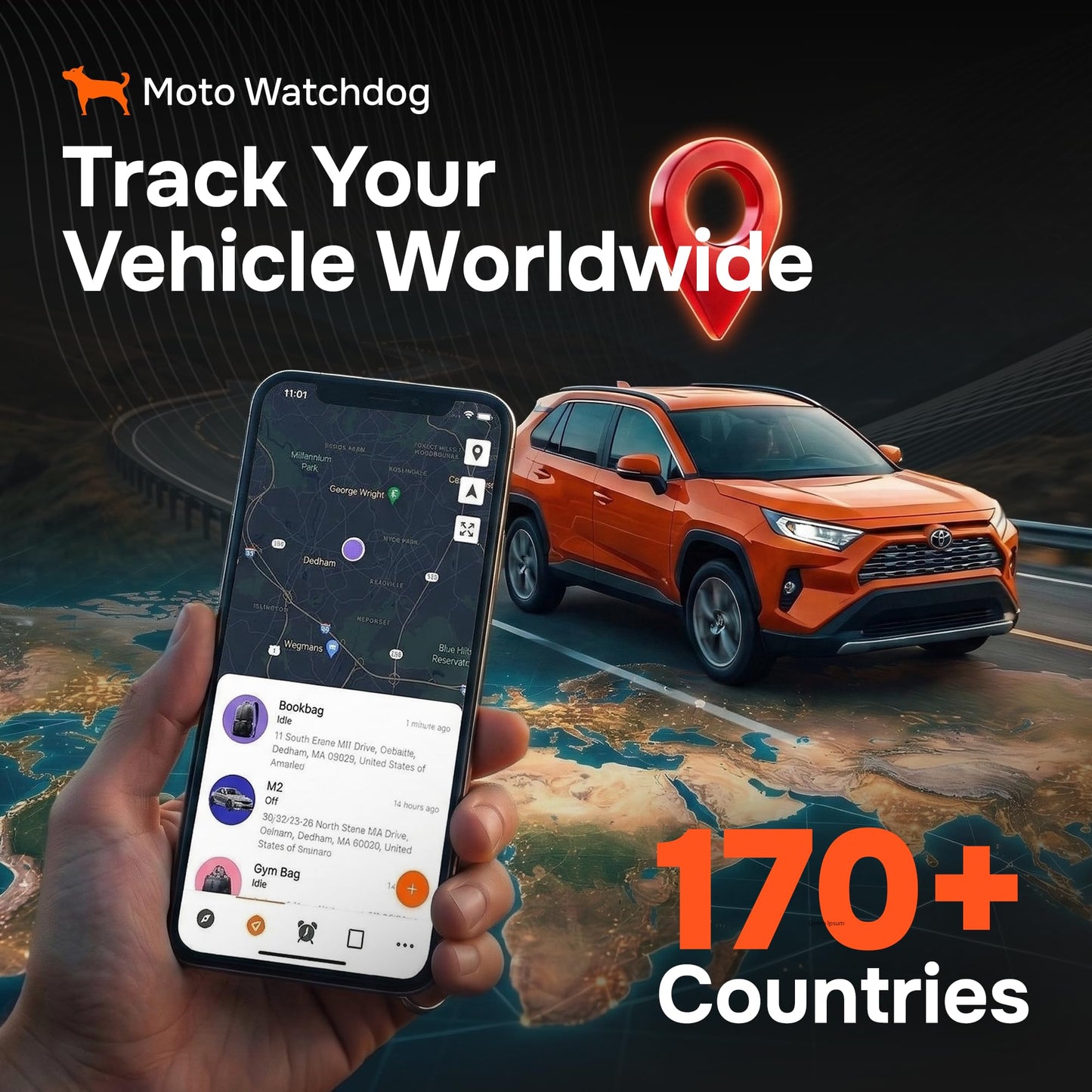 Wired GPS Tracker for Vehicles, No Subscription with Real-Time Location, Easy Install, Speeding Monitoring, Route History, Geofence, for Fleets & Families, USA, Moto Watchdog