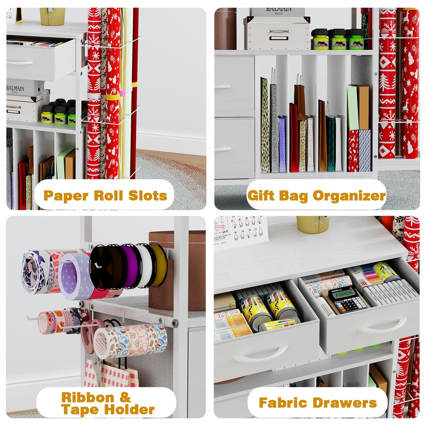 Wrapping Paper Storage Cart with Foldable Table, 3 Tier Gift Wrap Organizer with Drawers, Holds 8 Rolls, 8 Slap Bands, Rolling Craft Storage Station for Ribbons Gift Bags Supplies (White)