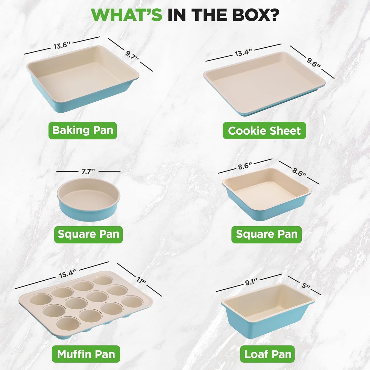 NutriChef 6-Piece Baking Pan Set - Carbon Steel Bakeware with Nonstick Coating | Includes Muffin, Cake, Loaf, & Cookie Pans - Turquoise