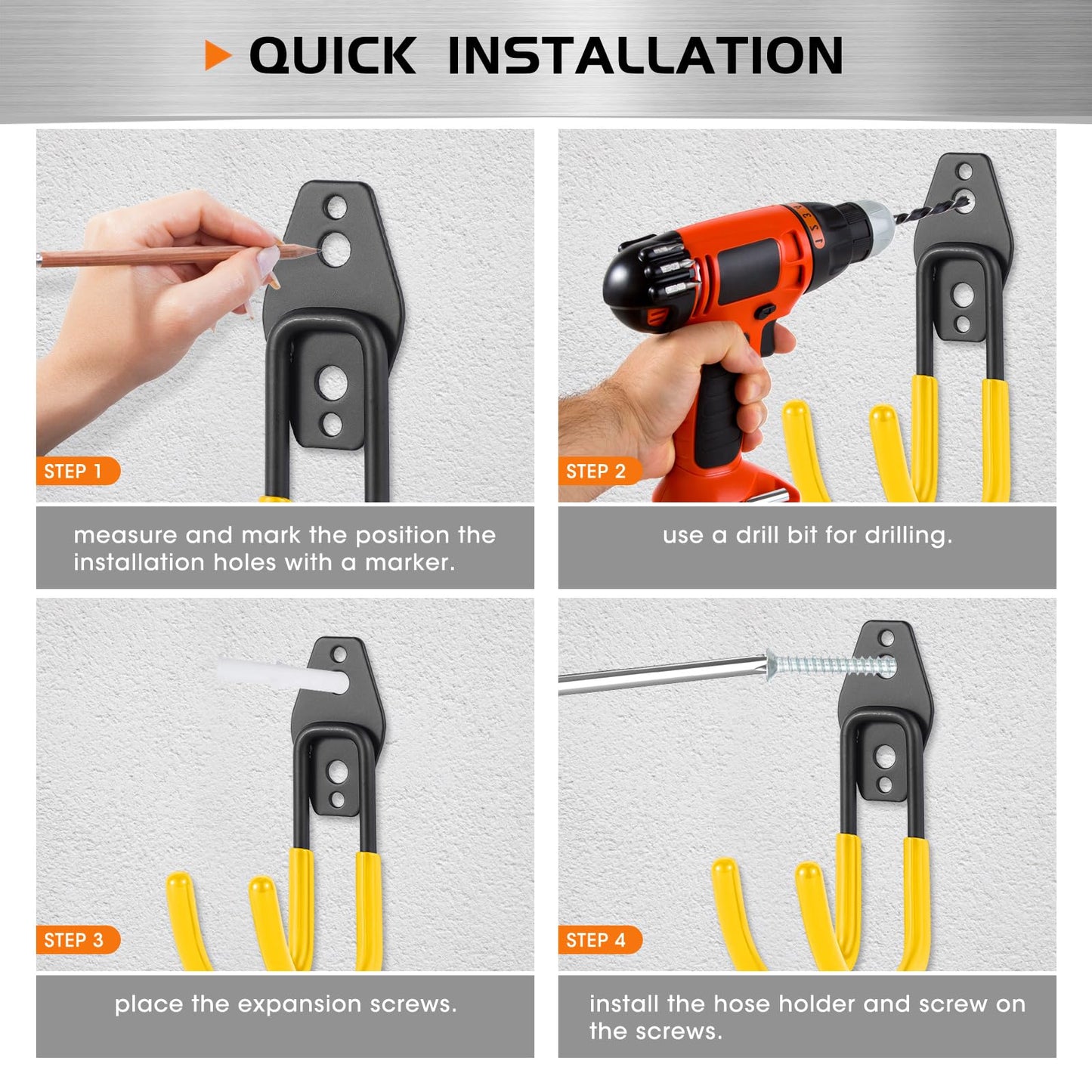 Pruite Garage Hose Hooks Wall Mount, 6 Pack Heavy Duty Storage Hooks for Garden Tools, Wall Hooks for Water Hoses, Brooms, Ladders, Garage Storage, Yellow