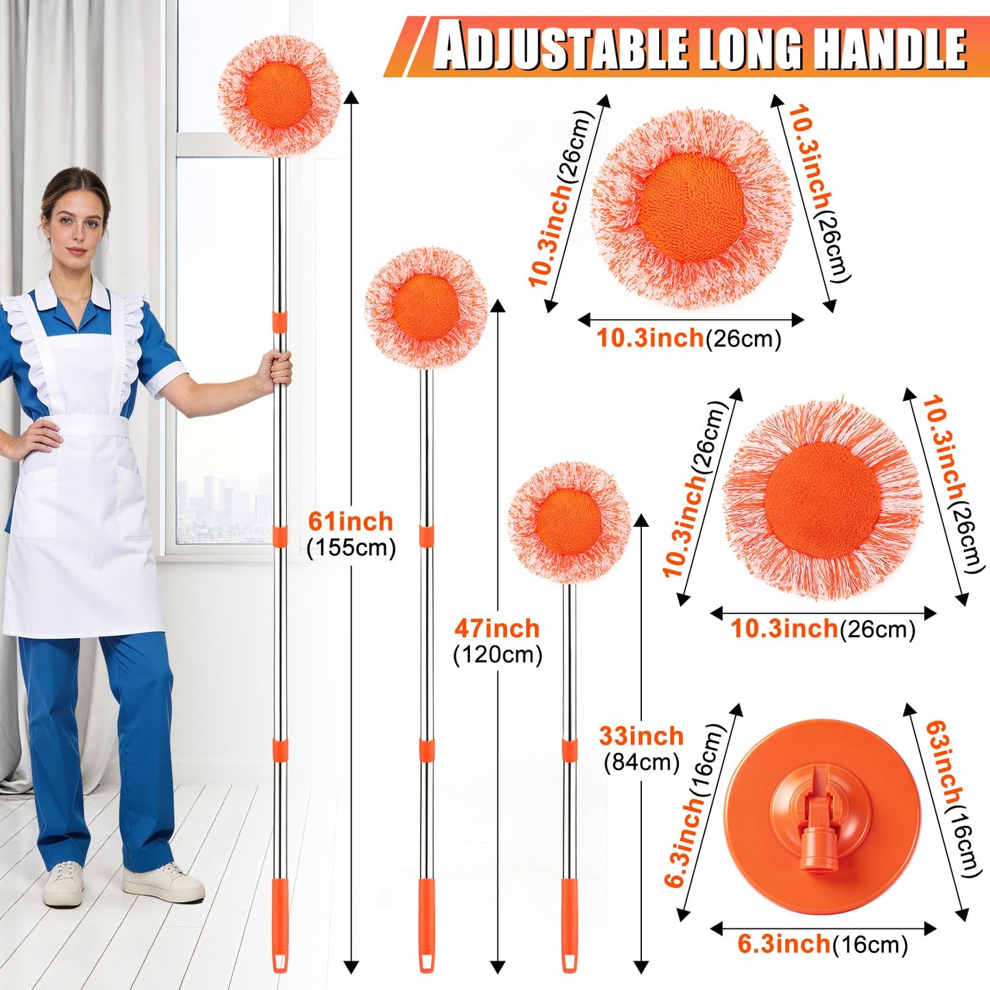 61 in Adjustable Cleaning Mop, Dolodomy 360° Rotatable Mops for Floor Cleaning with 4 Reusable Heads, 2 Fabrics Wall Mop for Floor Door Window Ceiling and Bathroom