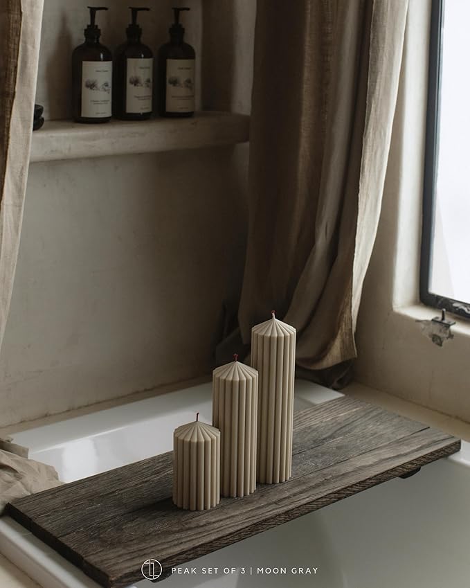 LAWA Ribbed Peak Pillar Candle - Large Beautiful Handmade Pillar Scented Soy Wax Candle Elegant Bubble Aesthetic Candle Housewarming Gift Home Room Shelf Decor Idea White (Set of 3, Moon Gray)