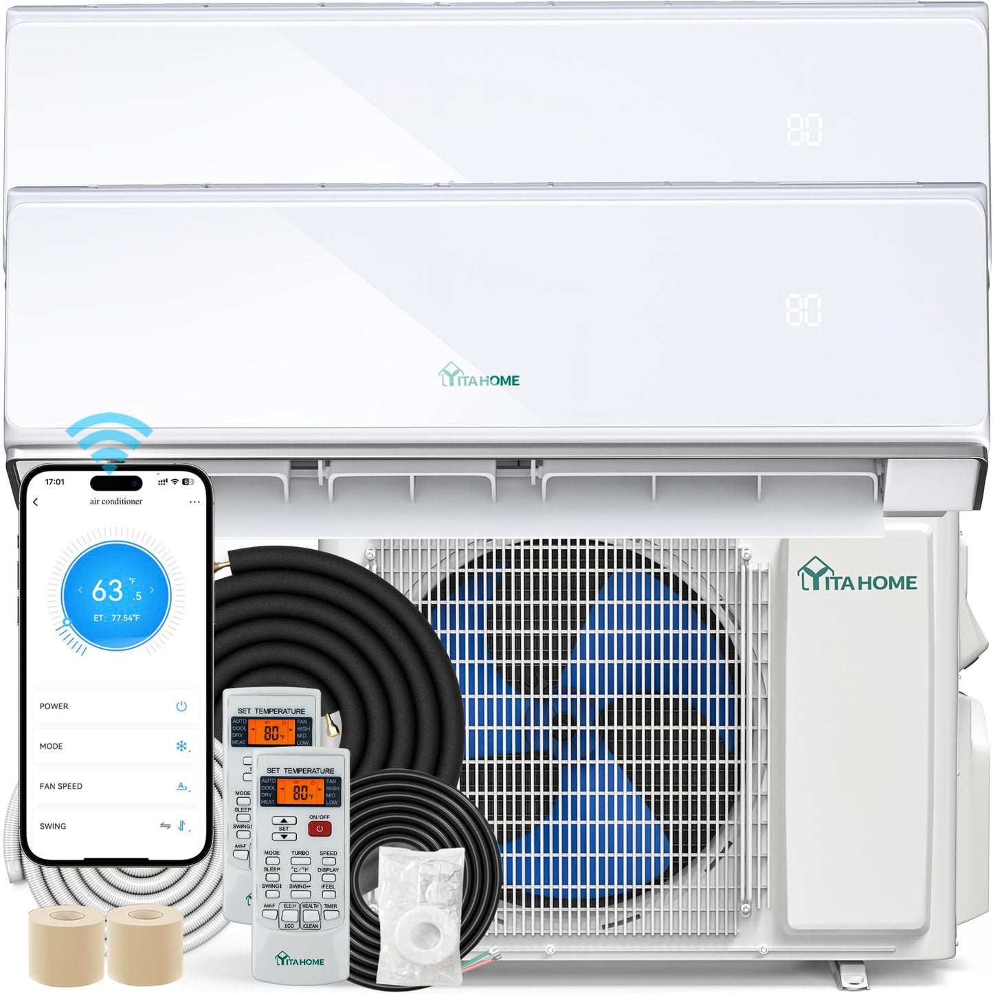 YITAHOME 23 SEER2 24K BTU 2 Zone Mini Split AC/Heating System, 12000 12000 BTU Dual Zone Mini Split Air Conditioner, 208-230V Pre-charged Inverter AC, Compatible with Wi-Fi&Alexa