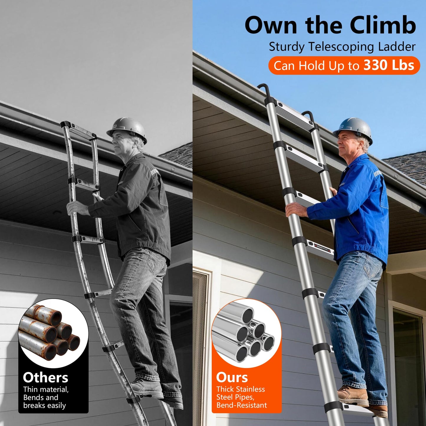 Telescoping Ladder 16.5 FT Telescope Ladder Stainless Steel, Extension Collapsible Telescopic Ladders with 2 Hooks Folding Extendable Adjustable Portable Rv Ladders for Home Roof, 330lbs Max Capacity