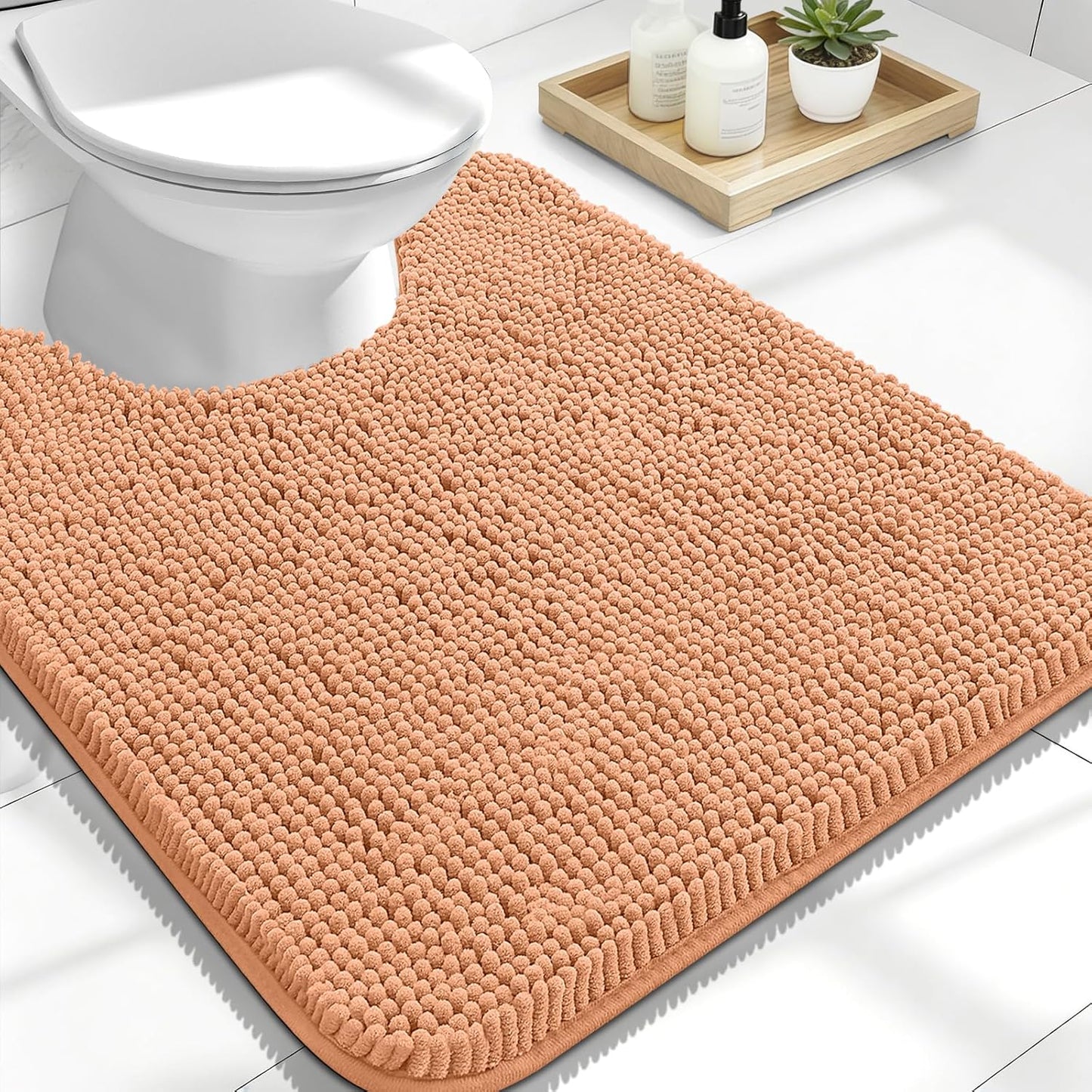 OLANLY U-Shaped Toilet Rugs - Extra Soft Chenille, Quick-Dry, Non-Slip Bath Mat | 24x20, Peach