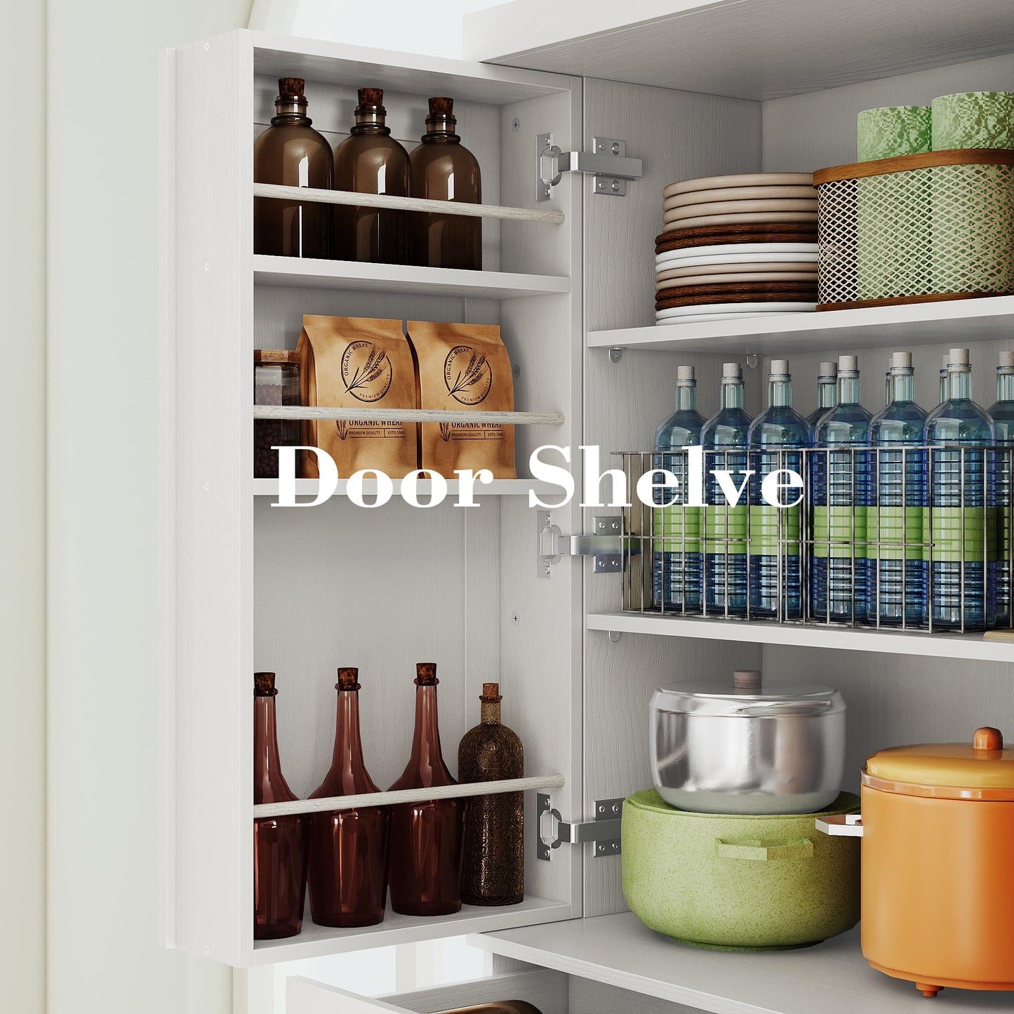 IRONCK Kitchen Pantry Cabinet 72" Height, Freestanding Cupboard with Drawer, Sliding Storage Rack, and 6 Hanging Shelves for Dining Room, Laundry, White