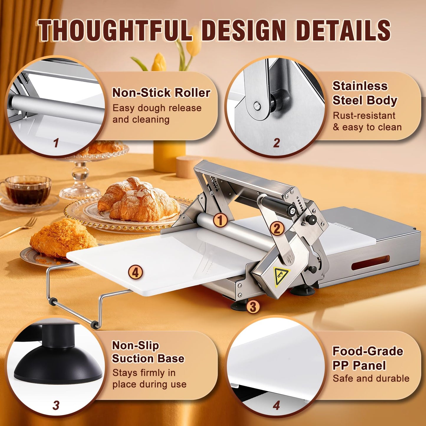 Folding Dough Sheeter 12" Dough Roller Machine Adjustable Thickness Stainless Steel Pastry Sheeter for Pizza, Croissant, Puff Pastry, Fondant and Home Baking