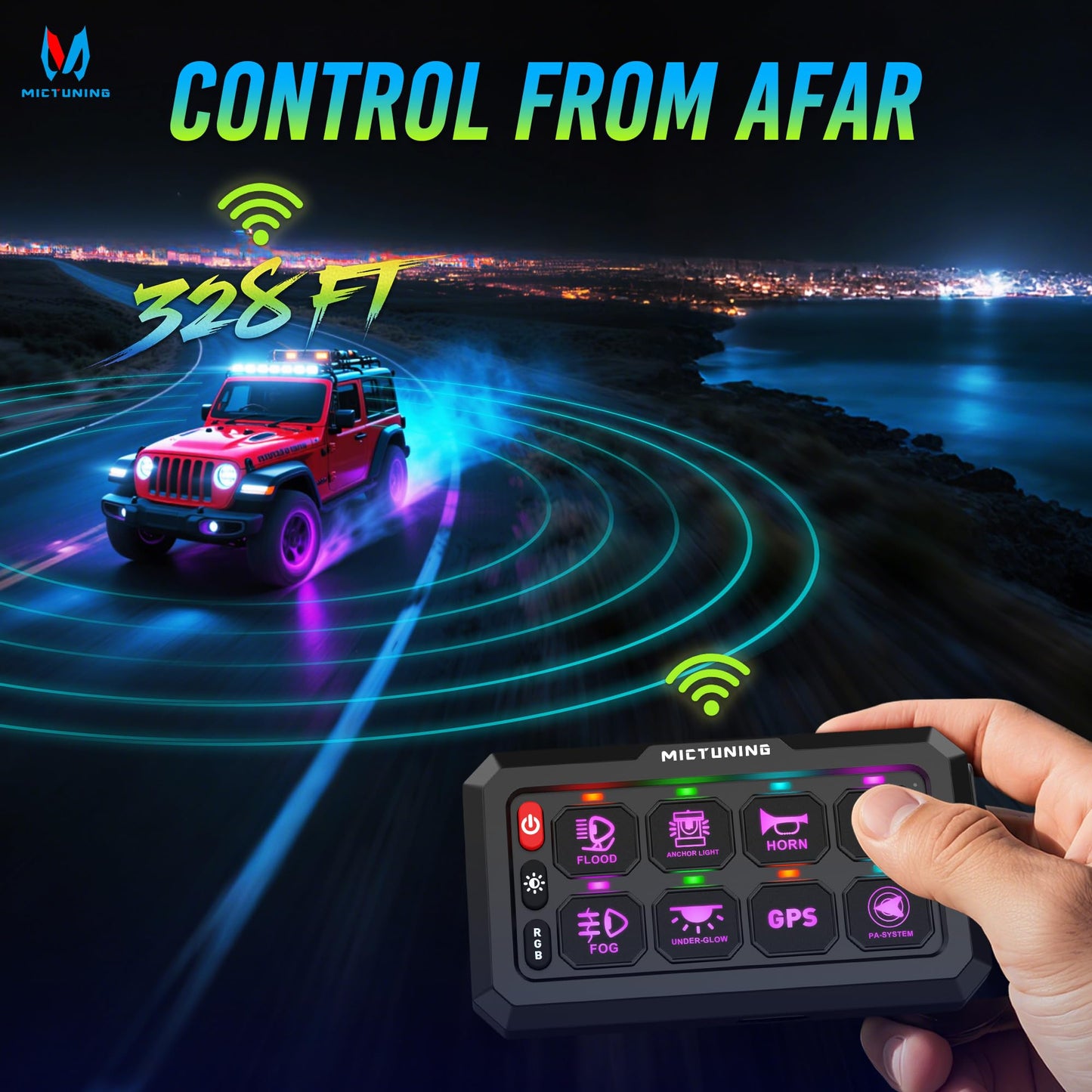 MICTUNING P1s-W 8 Gang RGB Wireless Switch Panel, 328FT 433MHz Remote Range, Up to 4-Panel Sync, Multi-Function Backlit Toggle/Pulsed/Momentary/Strobe Control for Offroad Trucks & Cars, Plug and Play
