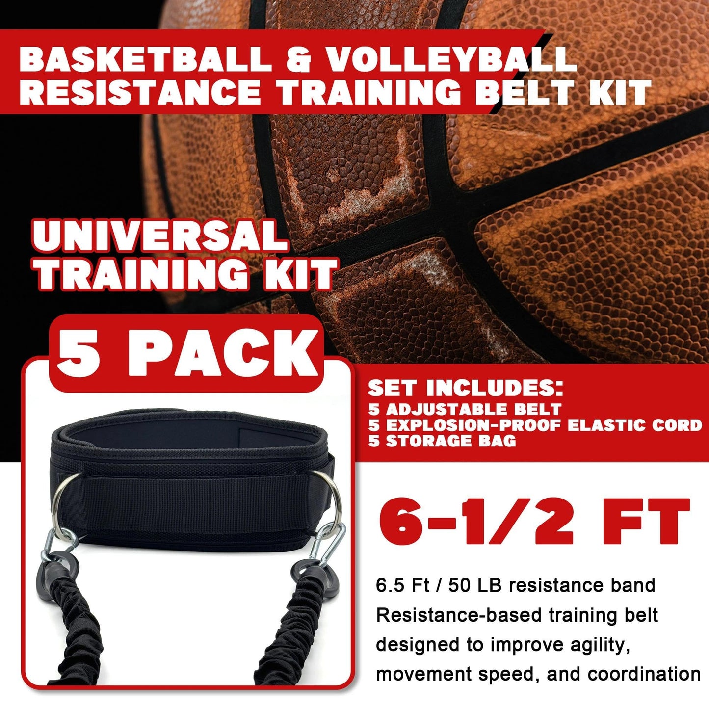 OKQX 5-Pack Zone Defense Resistance Band Kit, Basketball & Volleyball Agility Training Belt Kit – Resistance Band Speed & Coordination Trainer with Adjustable Waist Strap, Black