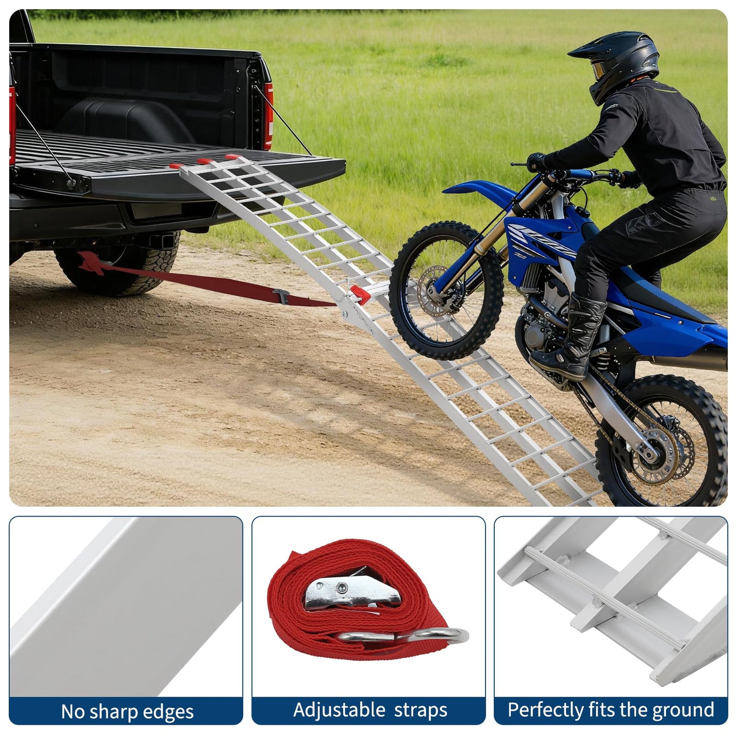 Heavy Duty 1500LB Capacity Aluminum Motorcycle Loading Ramp Set – 7.5FT Folding Design,Load Straps for Pickup Trucks, Motorcycles, Lawnmowers, Dirt Bikes(2-Pack)