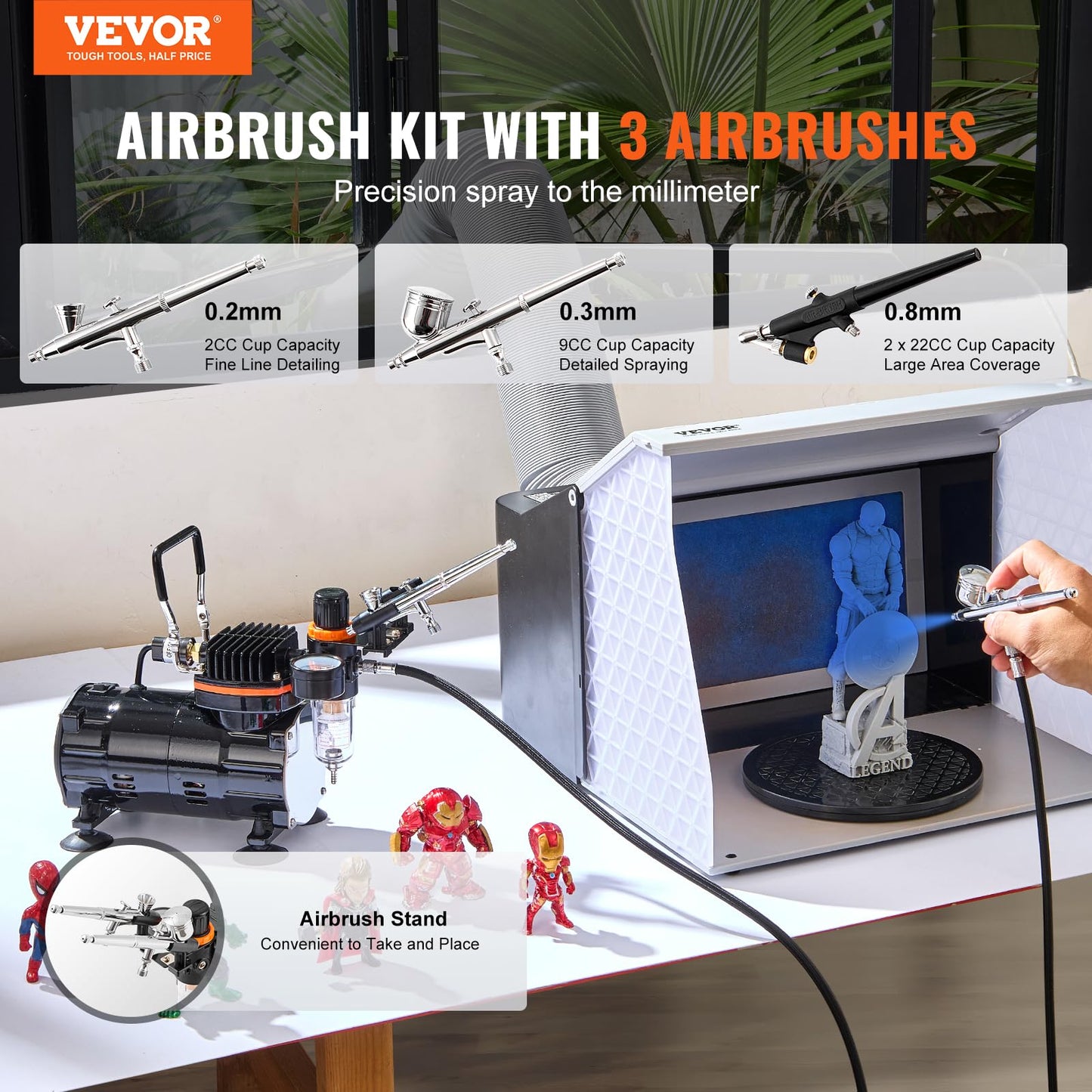 VEVOR Airbrush Kit, Professional Airbrush Set with 1/5 HP Compressor & 3 Airbrushes, Airbrushing System Kit with Multi-Purpose Dual-Action Gravity Feed Airbrushes, Art Nail Cookie Tatto