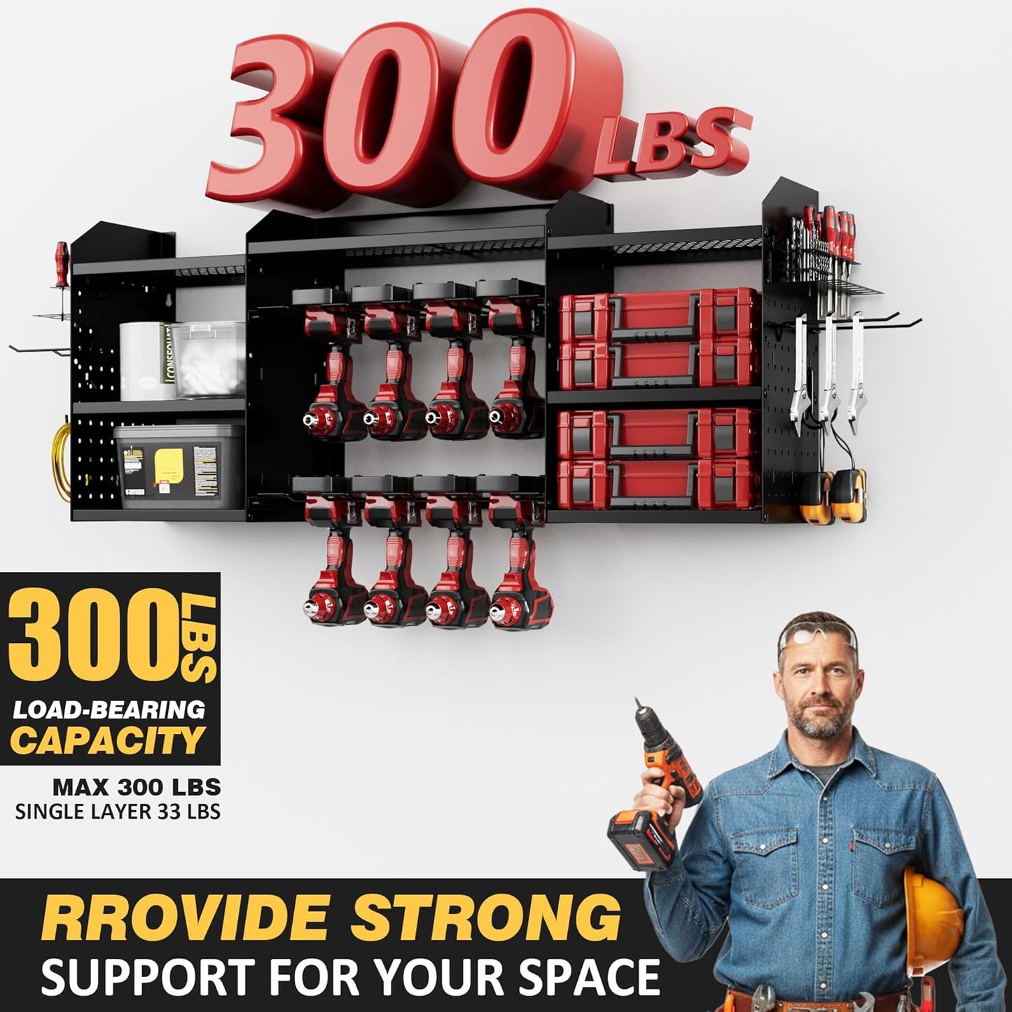 Power Tool Organizer - Heavy-Duty Wall Mount Storage Rack with Charging Station & 8 Outlet Power Strip | 51 Inch 3 Tier Design