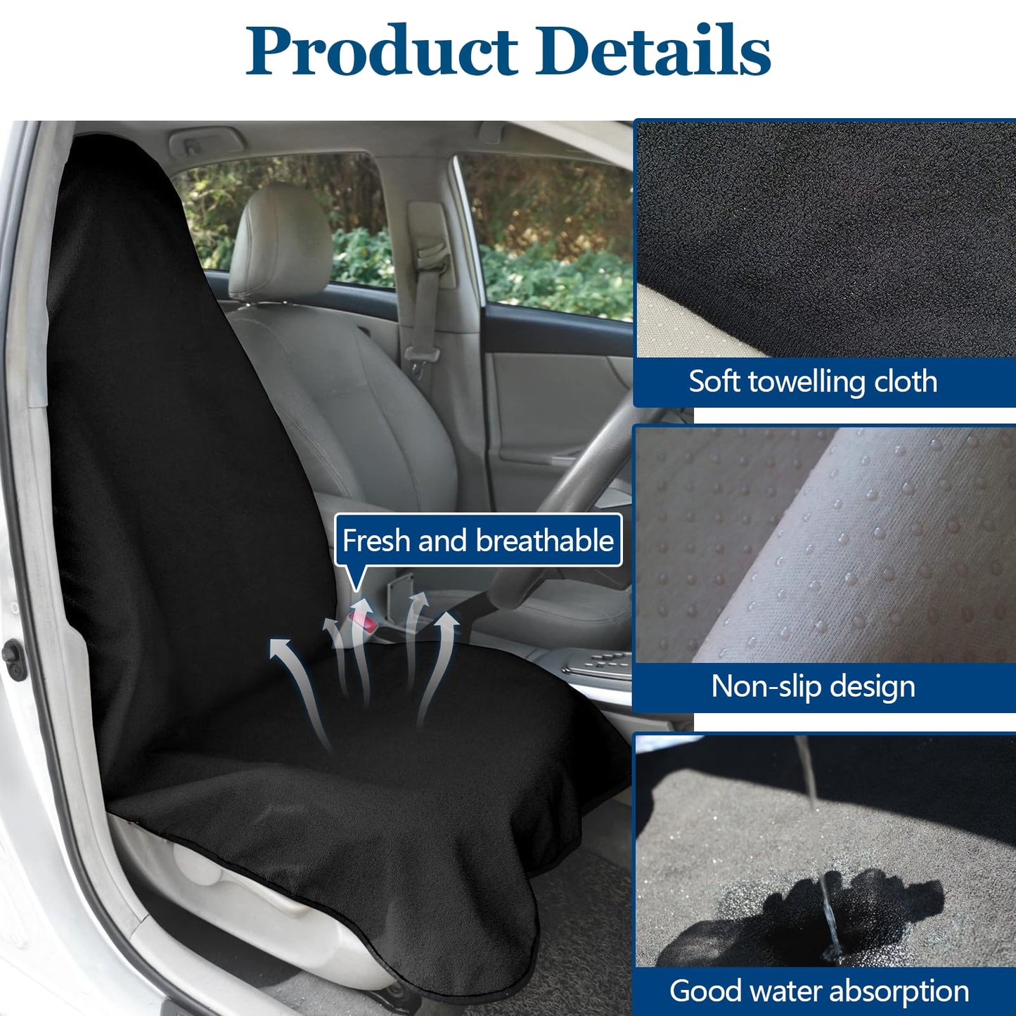 wuyaoyao Car Towel Seat Cover, Waterproof Terry Cloth Sweat Towel Seat Cover for Gym, Running, Swimming, Beach and Hiking, Washable & Non-Slip Seat Towel Protector for Car Truck Van SUV (Black)