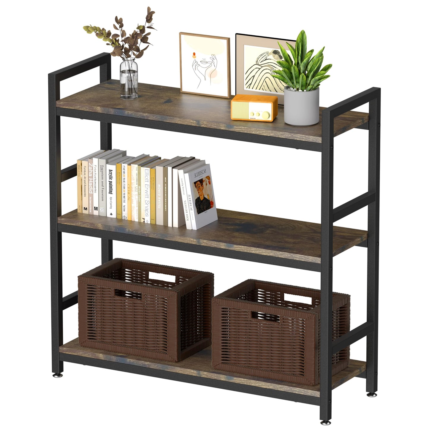KOSEOO 3-Tier Industrial Bookshelf, 36" Rustic Open Bookcase with Heavy-Duty Metal Frame, Versatile 3-Shelf Storage Rack for Living Room, Bedroom & Home Office, Easy Assembly Display Shelf