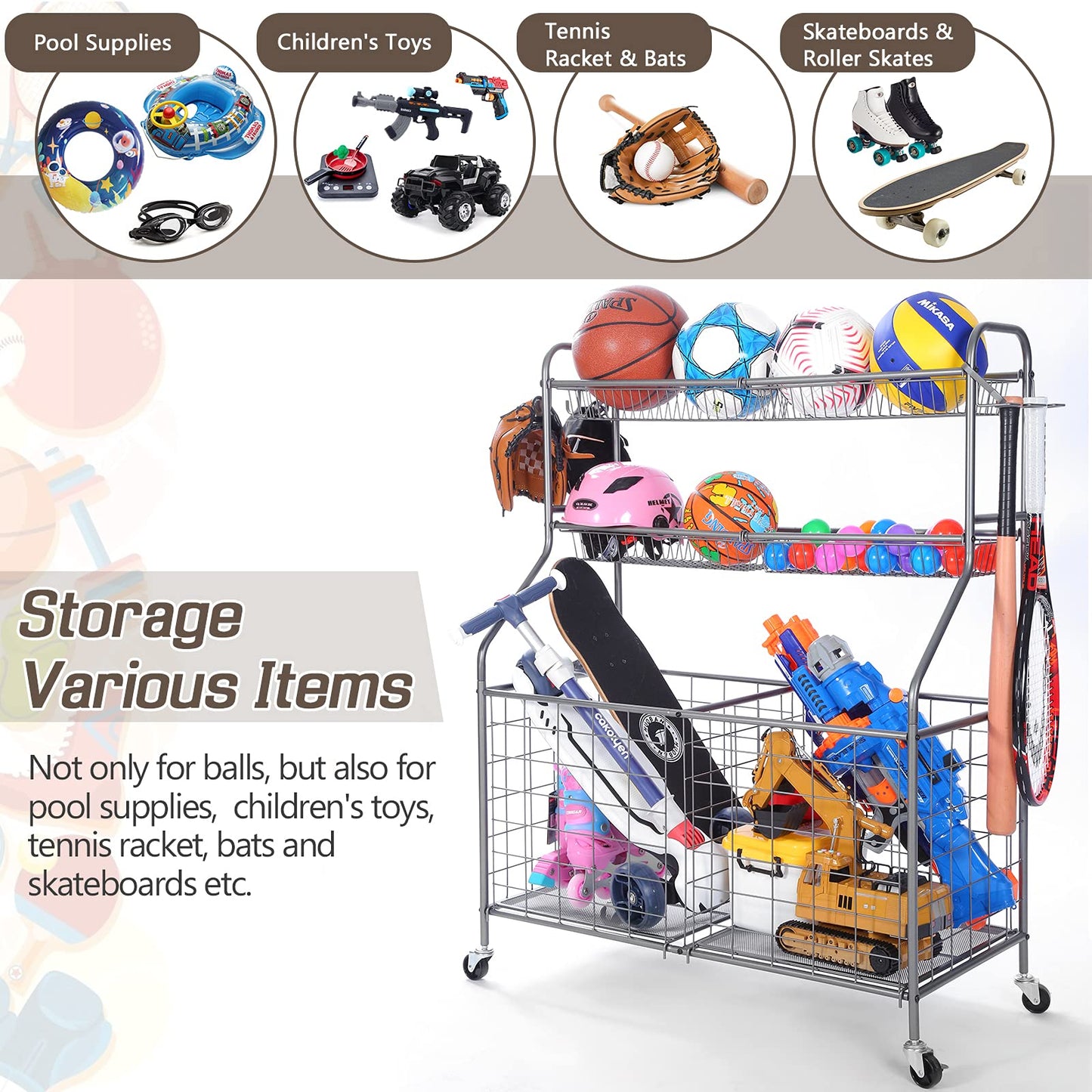 WEYIMILA Ball Organizer for Garage, Steel Sport Equipment Organizer with Baseball Bat Holder and Hooks, Easy Assembly Storage for Balls, Kids' Toys, and Workout Gear in Basement, Home Gym, Outdoor