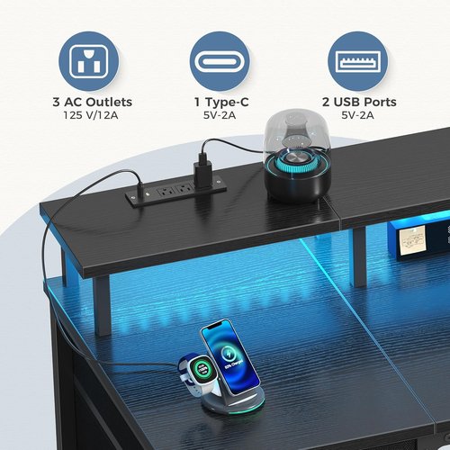 DUMOS 40-Inch Computer Desk - 4 Drawer Gaming Desk with Power Outlets & LED Lights | Black