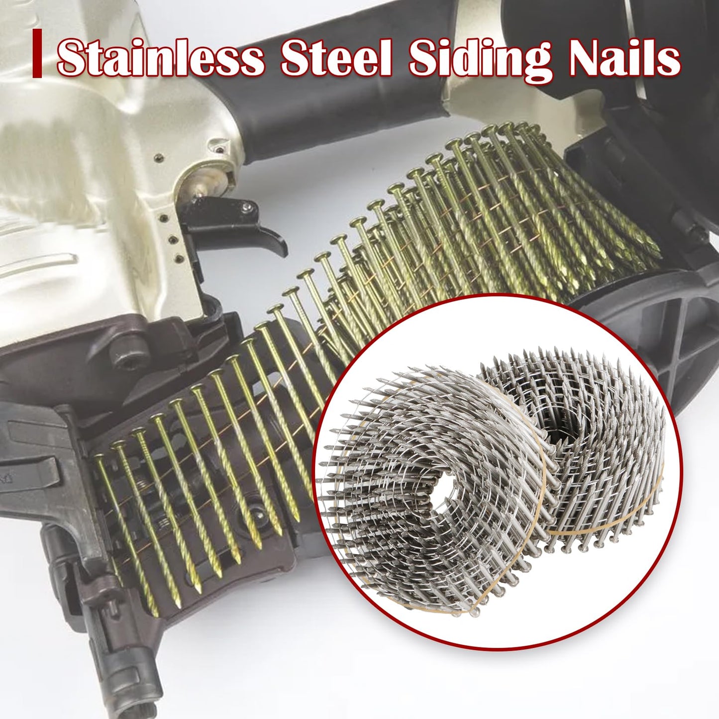 findmall 3600 Count 2-Inch x .090-Inch Ring Shank 304 Stainless Steel Siding Nails 15-Degree Collated Wire Coil for Wood Siding or Fencing Applications