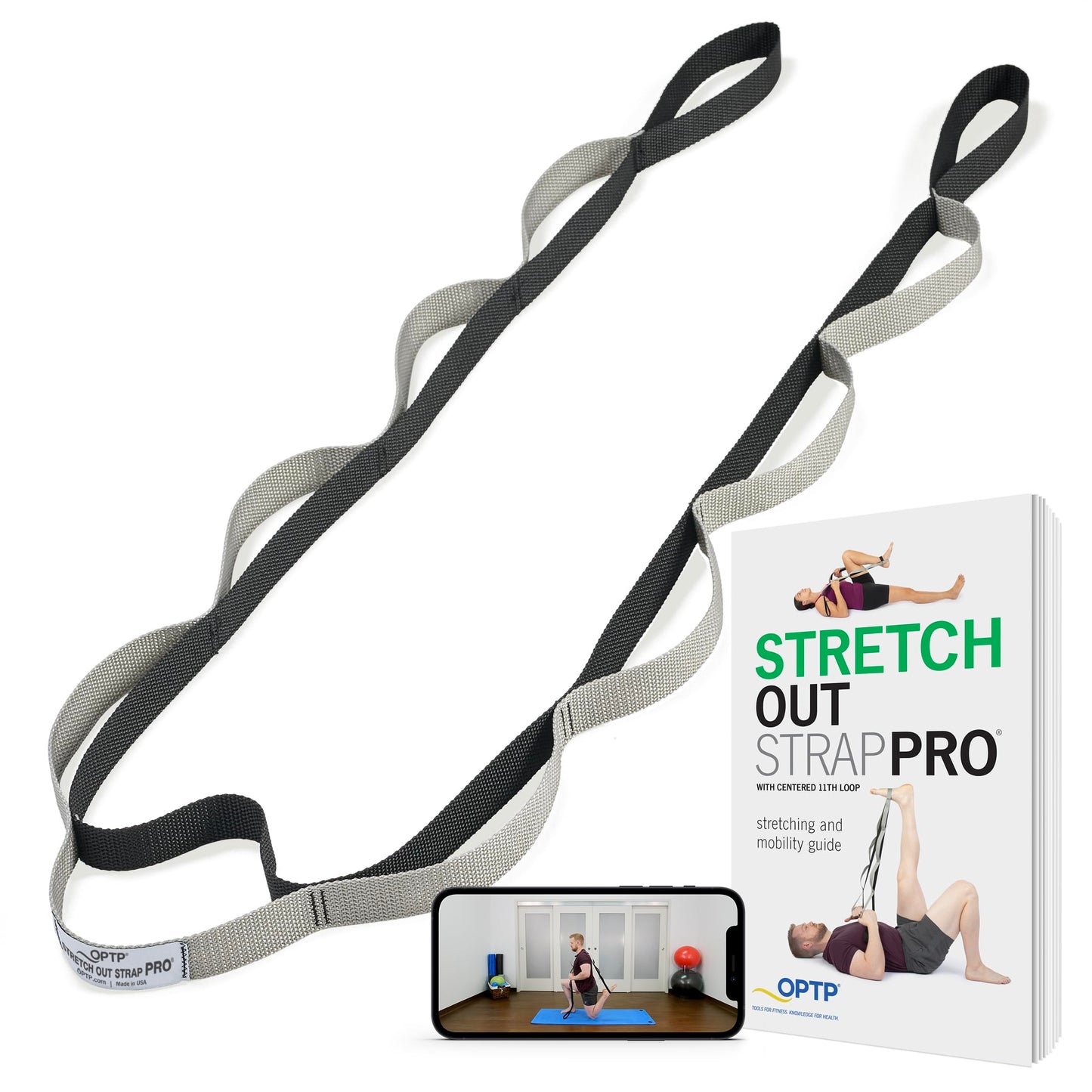 OPTP Stretch Out Strap Pro with Stretching Exercise Book, 11 Loop Stretching Strap for Yoga and Pilates, Physical Therapy Strap for Leg and Knee Recovery. Made in the USA