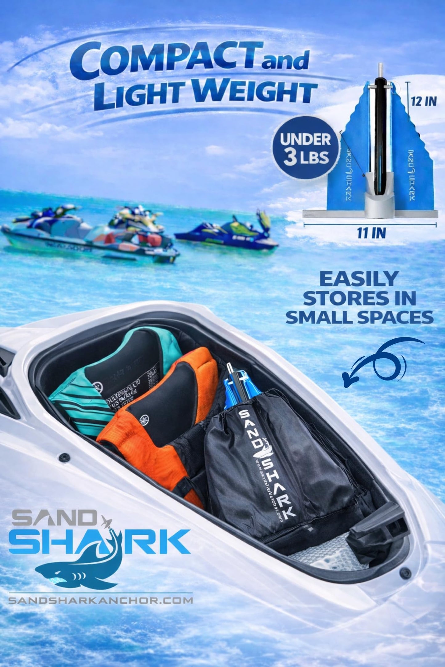 SandShark Premium Fluke Anchor-Retractable Shaft Easy Storage-Aluminum Pontoon Boat Anchor, Jet Ski Anchor. Boats<30 ft. Sand Anchor for Boat, Boat Anchor Kit, Lightweight. (Jet Ski Anchor)