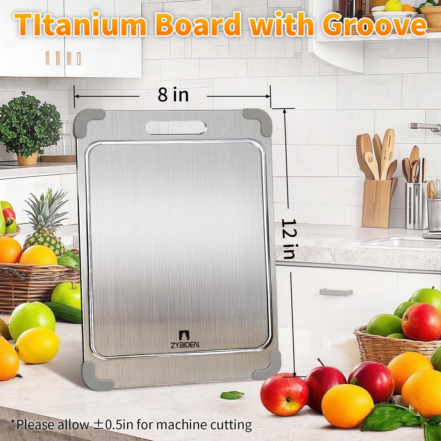 ZYBIDEAL 100% Pure Titanium Cutting Board with Grooves, Update Double Side Titanium Chopping Board, Silicone Anti-slip Stainless Cutting Boards for Kitchen 9 * 13 IN, Orange