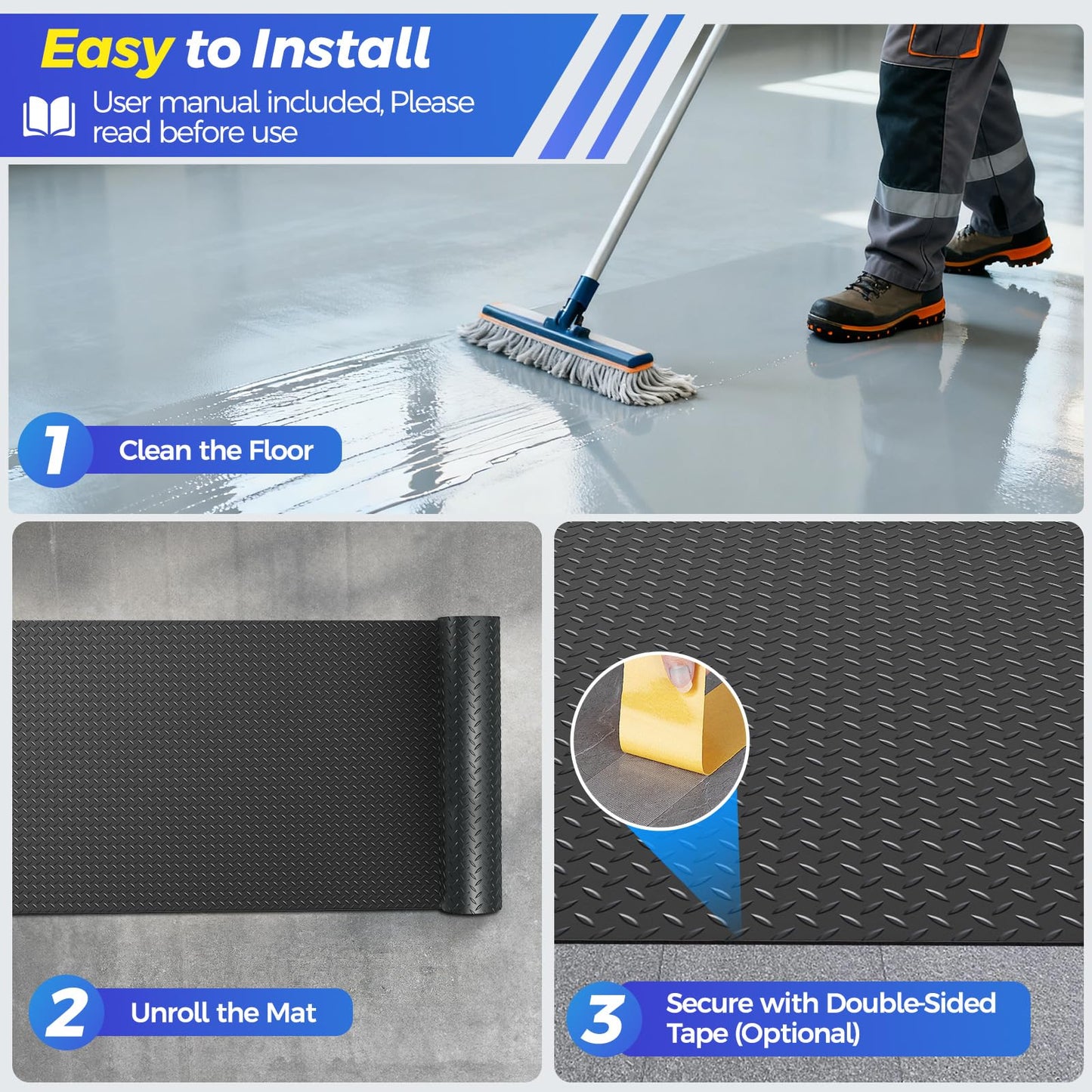 8.2x20 FT Garage Floor Mat, 2.8mm Thickened Garage Flooring Heavy Duty Rubber Garage Floor Mats for Under Car, Diamond Plate Garage Mat for Garage, Workshop, Enclosed Trailer