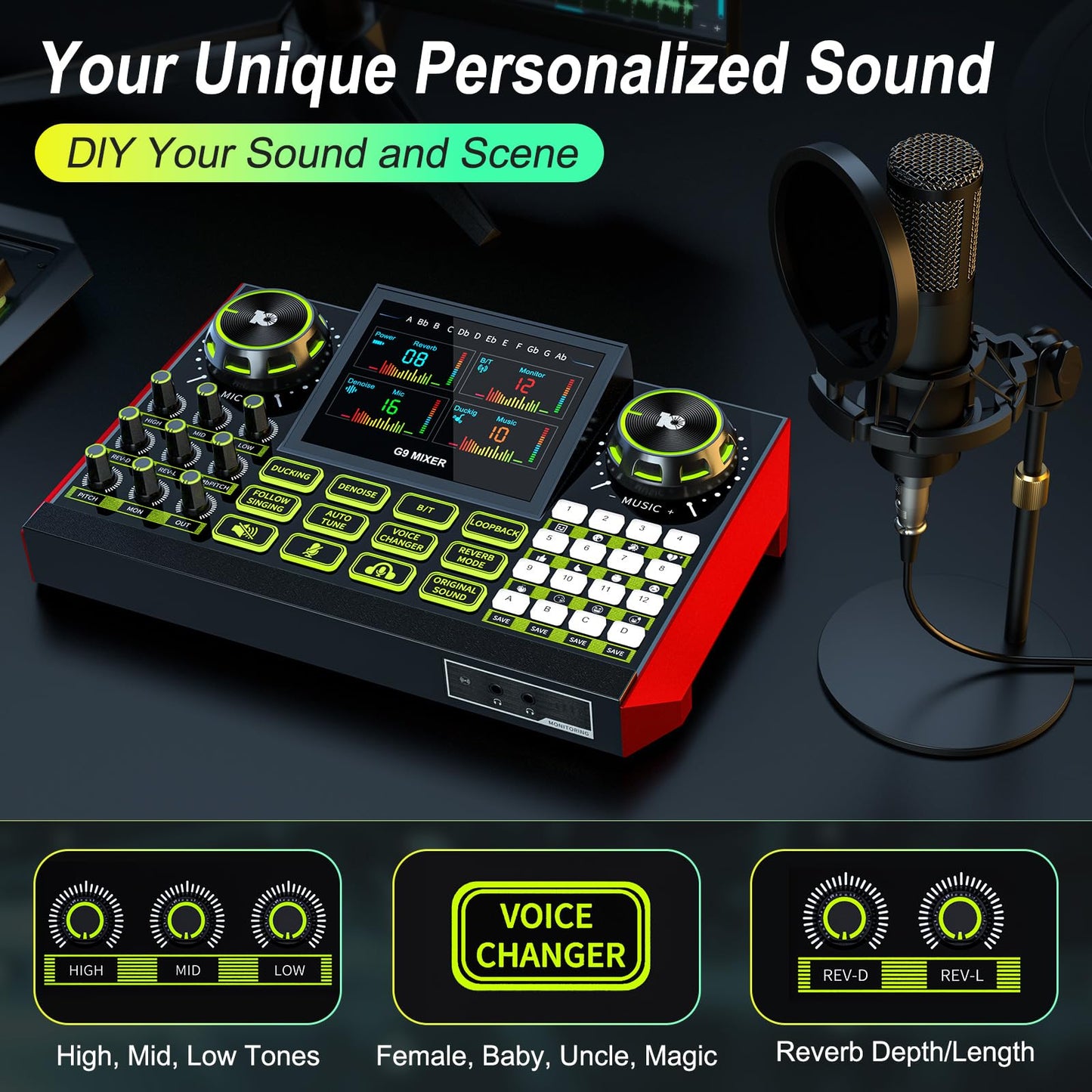 G9 Podcast Equipment Bundle with Audio Mixer for Streaming Singing, 3.5mm Condenser Microphone Kit, Voice Changer, Noise Reduction, Bluetooth, Plug & Play for PC, Phone, TikTok, YouTube